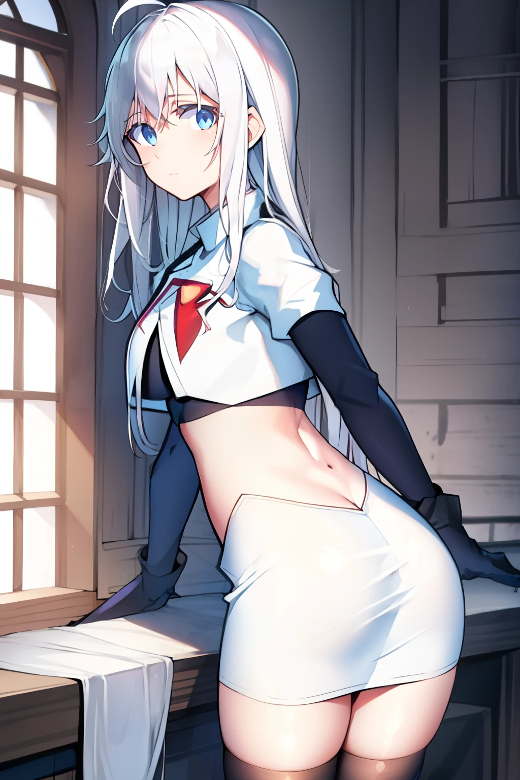(masterpiece, best quality:1.2),
1girl,Vladilena,lenaface, blue eyes, breasts, looking at viewer, white hair,medium breasts, antenna hair, hair between eyes, showing ass to viewer, ahoge, expressionless, bangs, white hair,
team rocket,team rocket uniform, red letter R, white skirt,white crop top,black thigh-highs,black elbow gloves