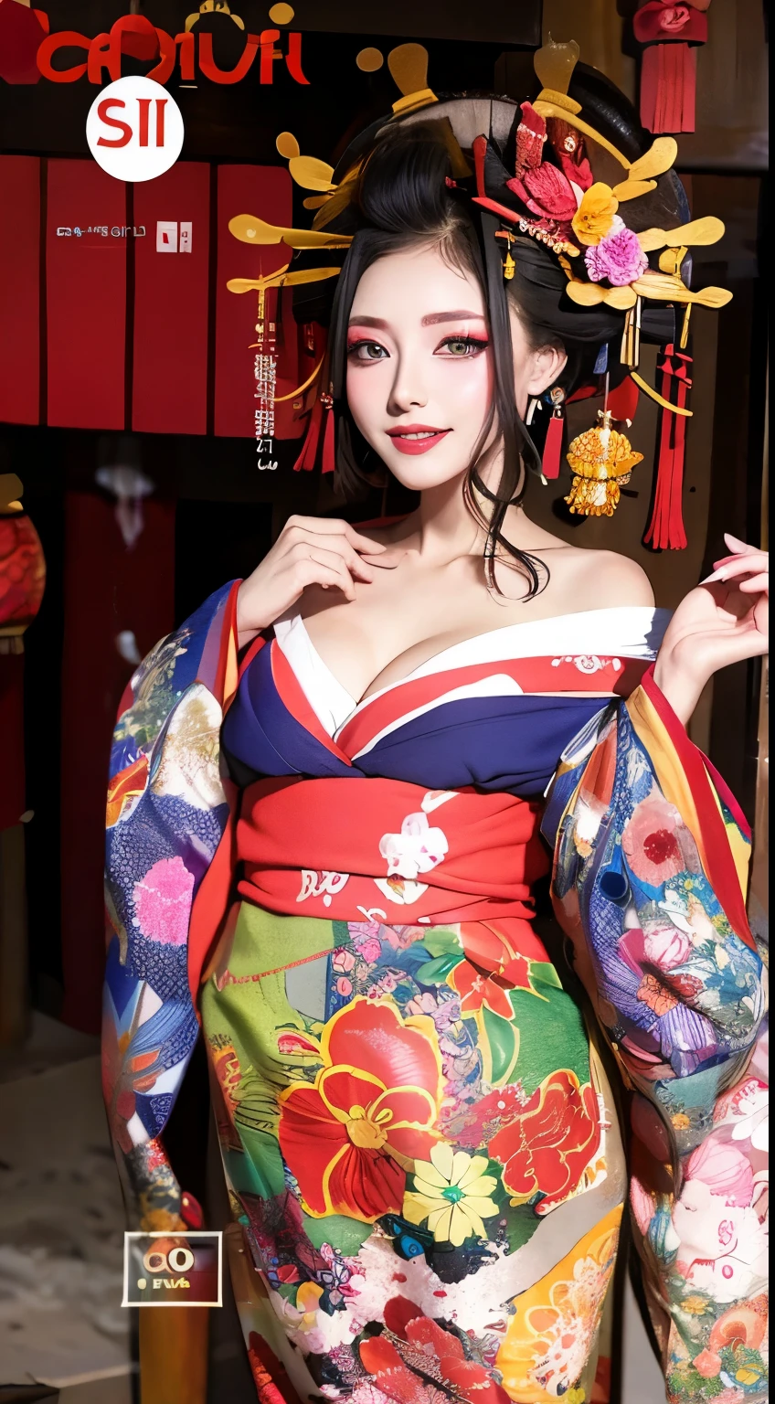 Oiran、slender、cleavage of the breast、Paripi、Colorful magazine cover