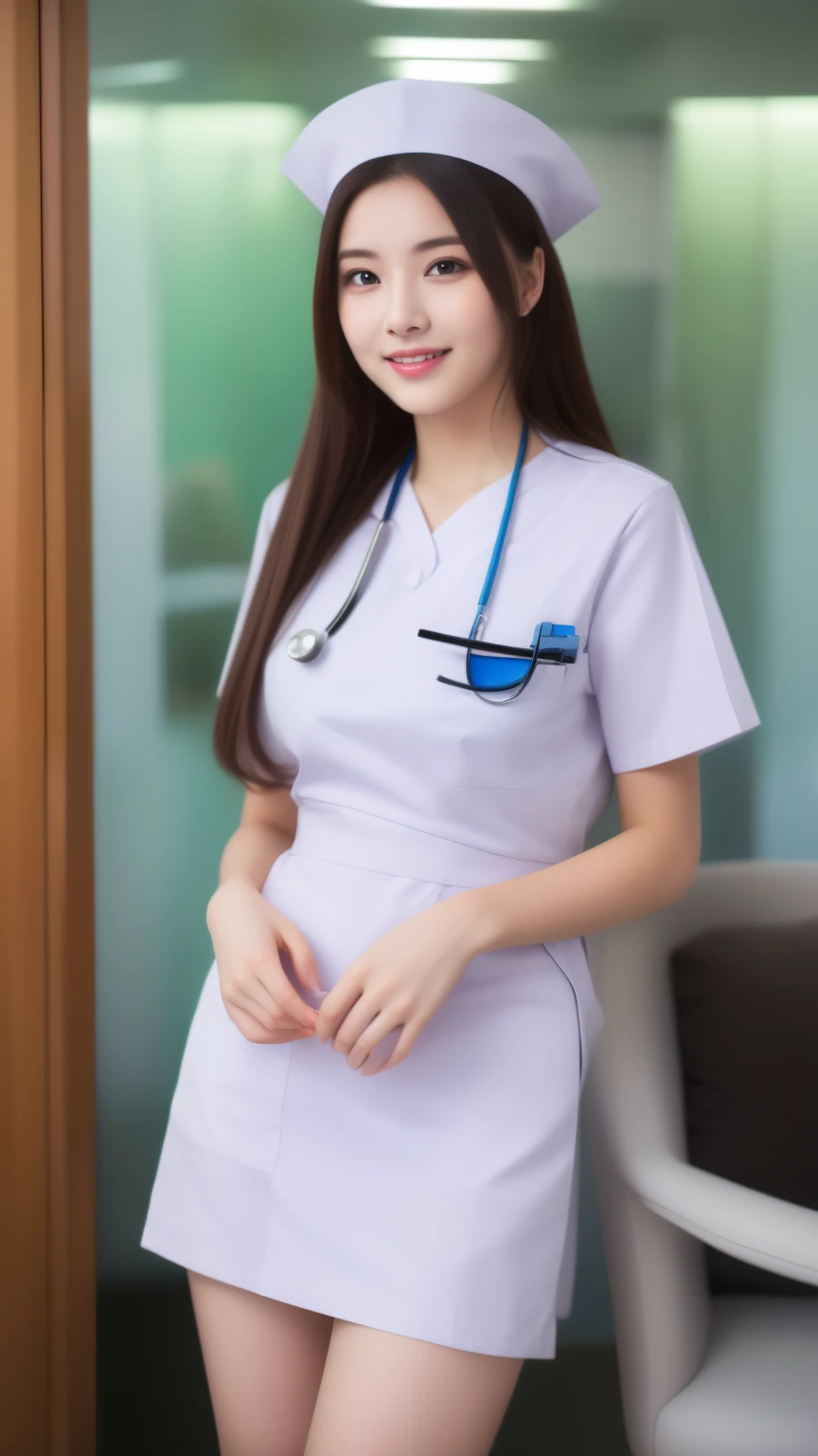 ulzzang-6500-v1.1,(masterpiece, highest quality:1.3), (Ultra-detailed 8K:1.2), (hyperrealistic:1.35),(Raw photo:1.2),highest quality, High resolution, wallpaper, realistic, (dramatic, Realistic painting art by Midjourney:1.3) BREAK (1 nurse, 20yo, white nurse uniform、Basic Nurse Cap,short white tight skirt:1.3), Photo seen diagonally from above,Take a photo from above,Look at me with a smile,looking at camera,look at the camera,Treatment room in a hospital room,Take photos from up close to her,big breasts,very detailed face、Put the stethoscope around your neck,double eyelid、White and clean teeth,brown eyes,chest strengthening,emphasize body line,smile at me lovingly、beautiful lips,glossy lips,white teeth, BREAK Detailed background of the hospital room,perfect lighting、Natural light,natural soft light