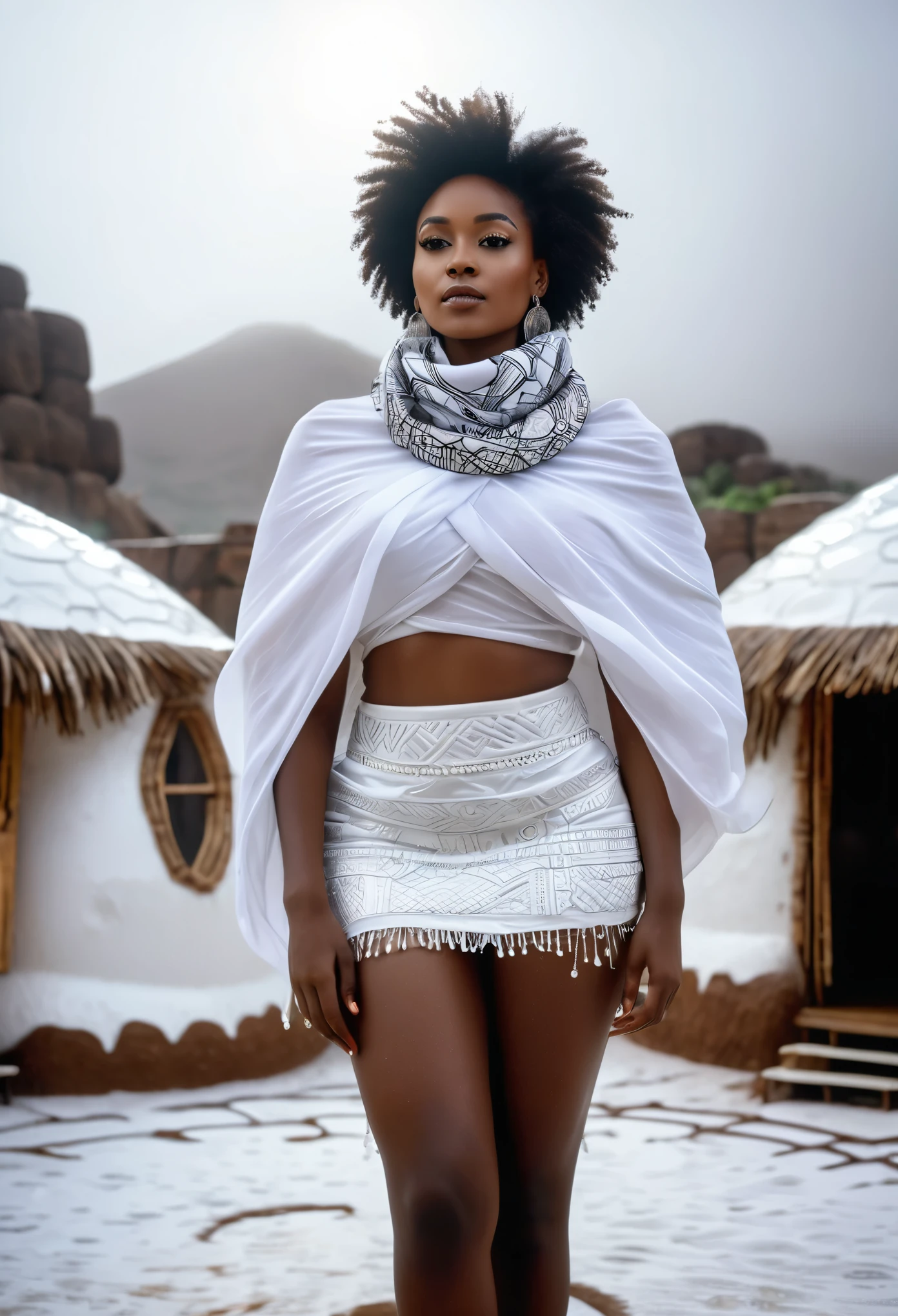 Low angle shot view through a water covered lens, we see a beautiful curvy African woman dressed in all white african designed mini skirt and  scarf covering her neck to the waist, with african beads, standing in an African village with white african designed igloos in the background, white smoke covered surrounding, staring at the viewer, moody atmosphere with sphere lights in background shining on her, hyper-realistic image, 32k, ultra HD, cinematic lighting