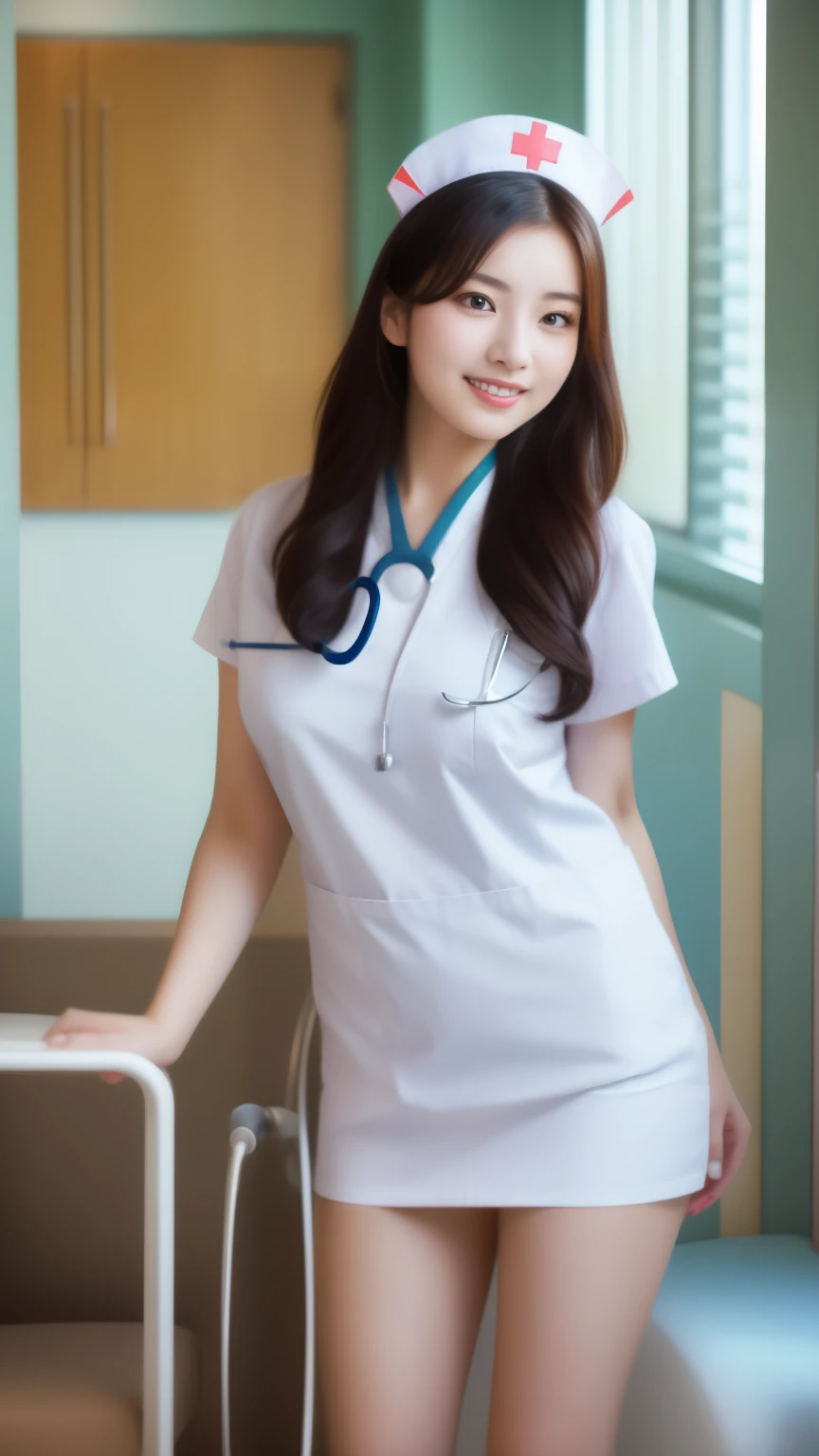 ulzzang-6500-v1.1,(masterpiece, highest quality:1.3), (Ultra-detailed 8K:1.2), (hyperrealistic:1.35),(Raw photo:1.2),highest quality, High resolution, wallpaper, realistic, (dramatic, Realistic painting art by Midjourney:1.3) BREAK (1 nurse, 20yo, white nurse uniform、Basic Nurse Cap,short white tight skirt:1.3), Photo seen diagonally from above,Take a photo from above,Look at me with a smile,looking at camera,look at the camera,Treatment room in a hospital room,Take photos from up close to her,big breasts,very detailed face、Put the stethoscope around your neck,double eyelid、White and clean teeth,brown eyes,chest strengthening,emphasize body line,smile at me lovingly、beautiful lips,glossy lips,white teeth, BREAK Detailed background of the hospital room,perfect lighting、Natural light,natural soft light