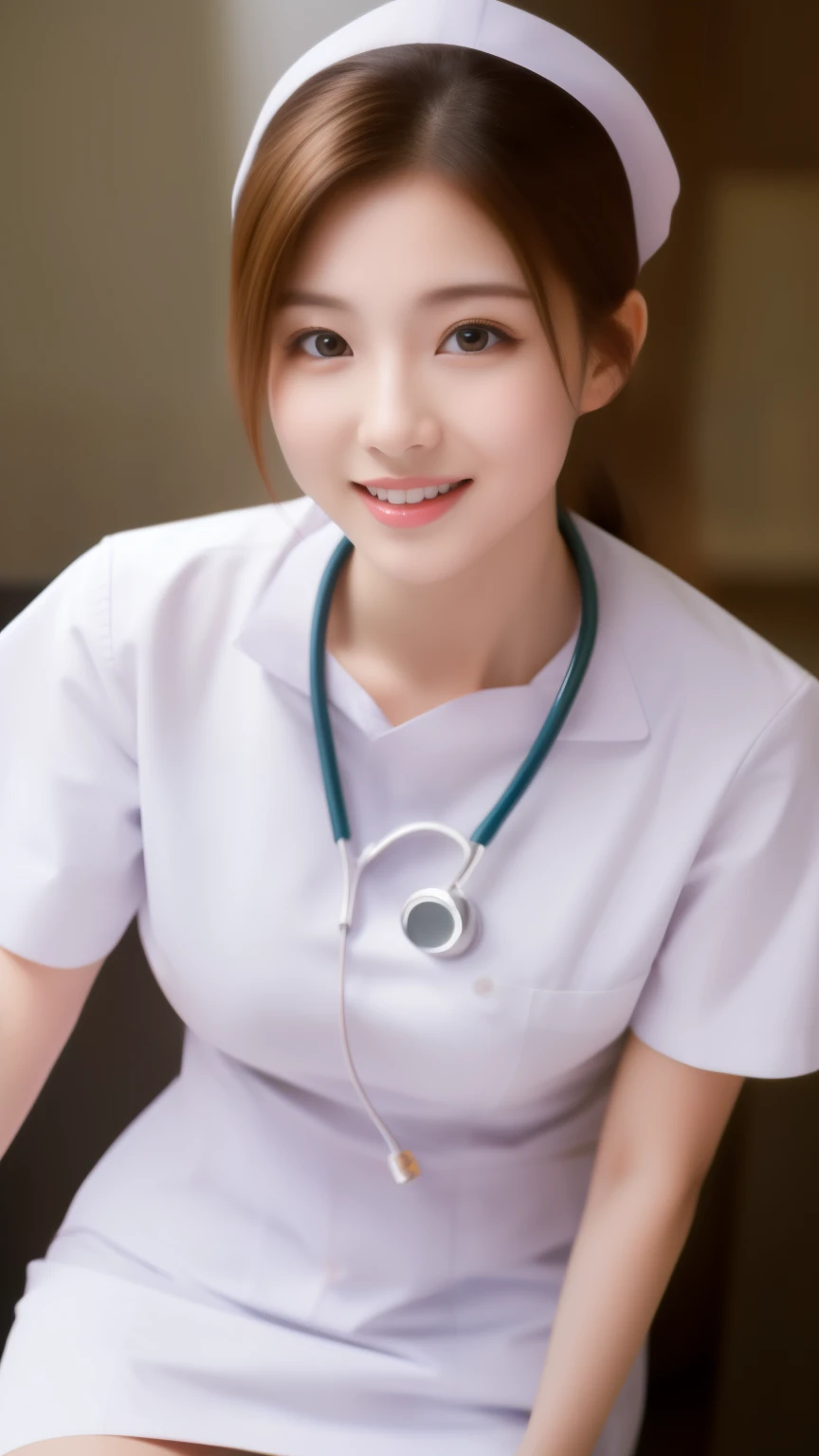 ulzzang-6500-v1.1,(masterpiece, highest quality:1.3), (Ultra-detailed 8K:1.2), (hyperrealistic:1.35),(Raw photo:1.2),highest quality, High resolution, wallpaper, realistic, (dramatic, Realistic painting art by Midjourney:1.3) BREAK (1 nurse, 20yo, white nurse uniform、Basic Nurse Cap,short white tight skirt:1.3), super beautiful, beautiful skin, beautiful and detailed eyes, detailed face, Perfect style,Photo seen diagonally from above,Take a photo from above,Look at me with a smile,looking at camera,look at the camera,Treatment room in a hospital room,Take photos from up close to her,big breasts,very detailed face、Put the stethoscope around your neck,double eyelid、White and clean teeth,brown eyes,chest strengthening,emphasize body line,smile at me lovingly、beautiful lips,glossy lips,white teeth, BREAK Detailed background of the hospital room,perfect lighting、Natural light,natural soft light