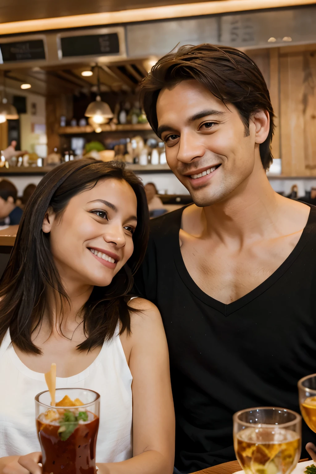 The happy expressions of a couple in their 40s eating at a restaurant are realistically expressed...