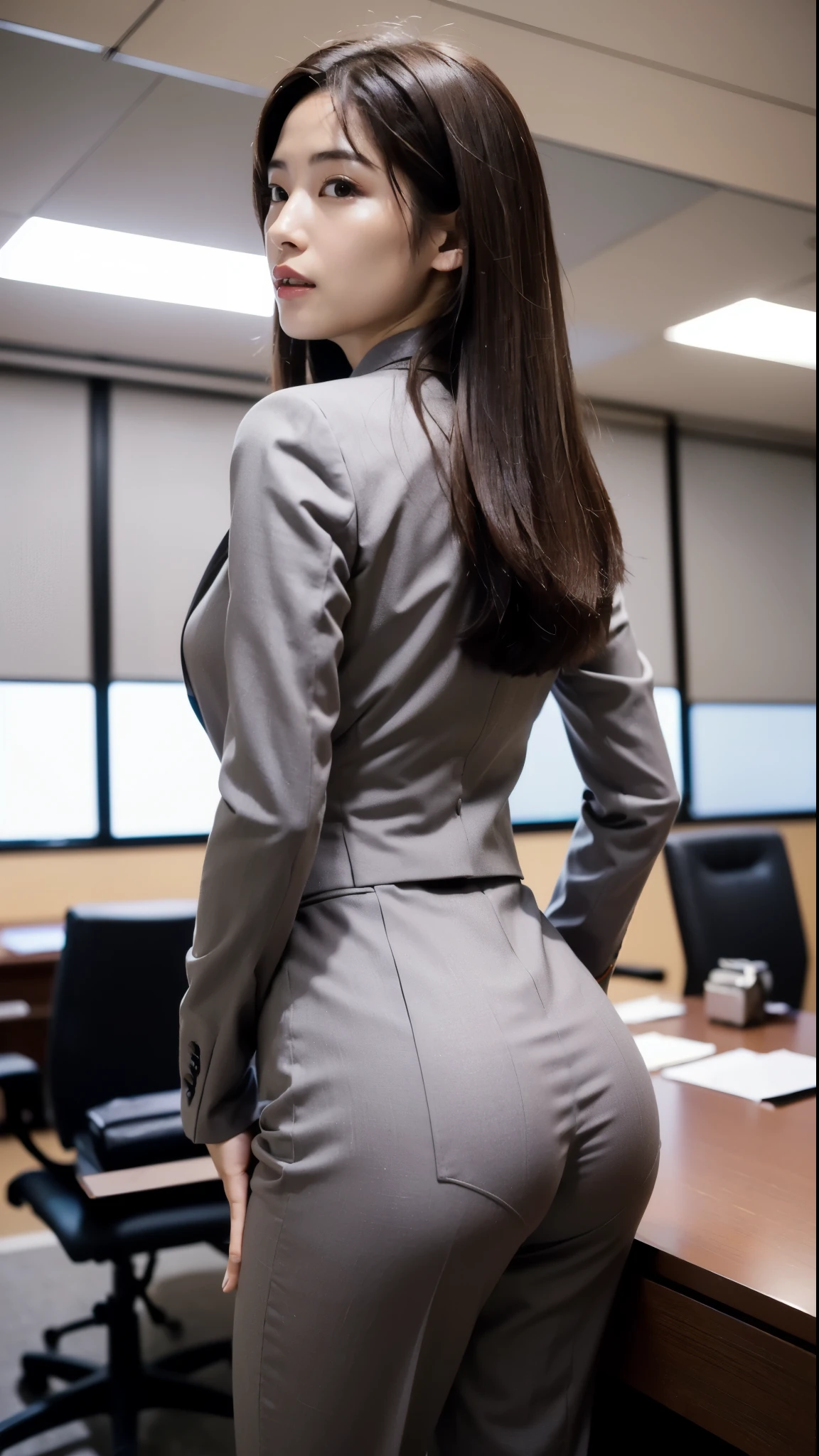 (highest quality, 8K, 32k, masterpiece, UHD:1.2), 1 girl, beautiful japanese woman, tight waist, grey suit, open jacket, office lady, suit, pants, from behind, office room, machine,  (stick out your butt:1.2), detailed face, (((medium hair, straight hair, brown hair)))