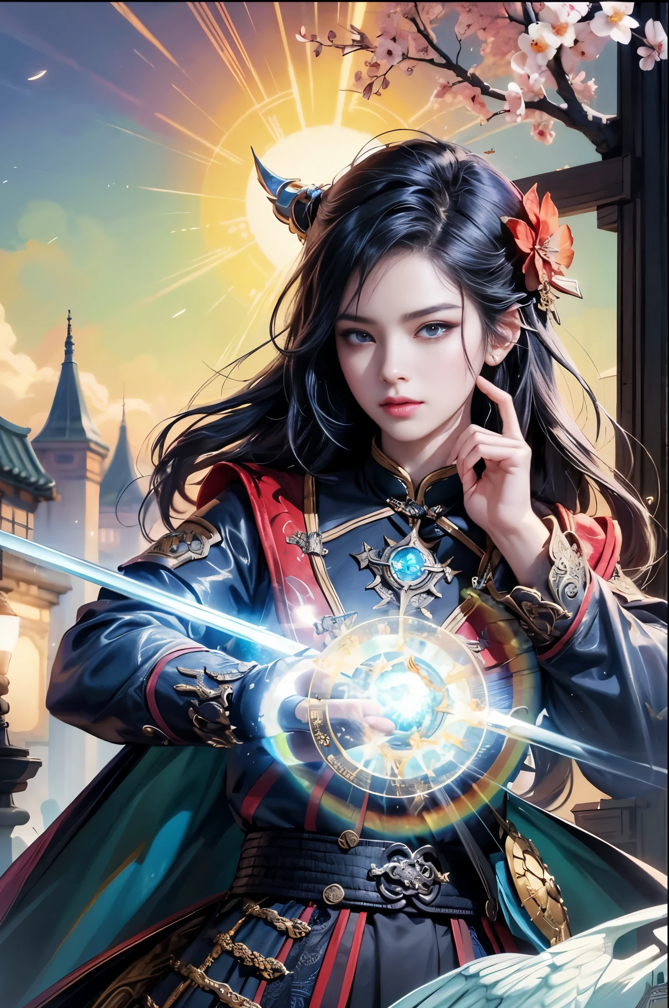 a close up of a woman holding a sword near a building, by Yang J, beautiful celestial mage, black - haired mage, fantasy art style, digital fantasy art ), alice x. zhang, ruan jia and artgerm, anime fantasy illustration, artgerm and ruan jia, trending digital fantasy art, portrait of a female mage, xianxia fantasy