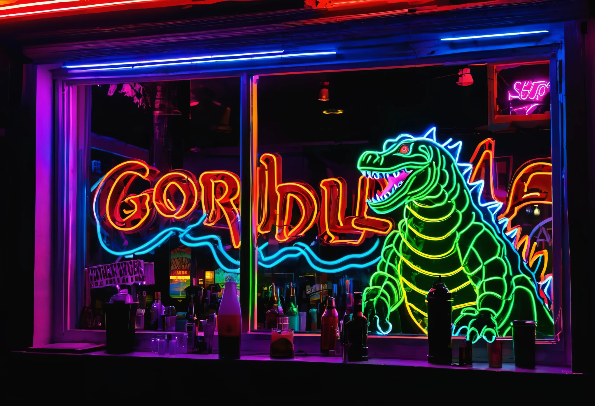A neon sign in the window of a strip bar, the sign is a bright and colorful godzilla outline