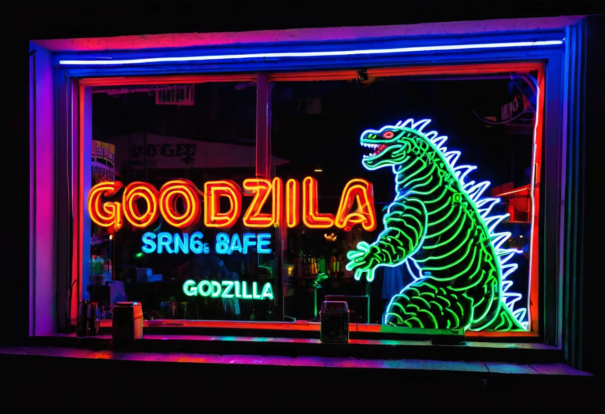 A neon sign in the window of a strip bar, the sign is a bright and colorful godzilla outline