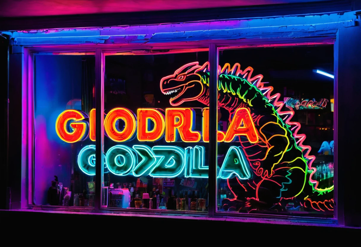 A neon sign in the window of a strip bar, the sign is a bright and colorful godzilla outline