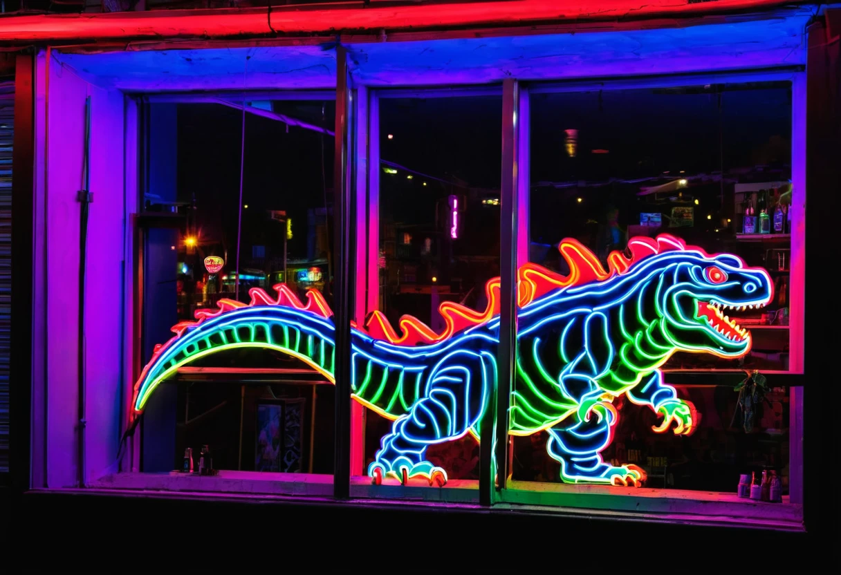 A neon sign in the window of a strip bar, the sign is a bright and colorful godzilla outline