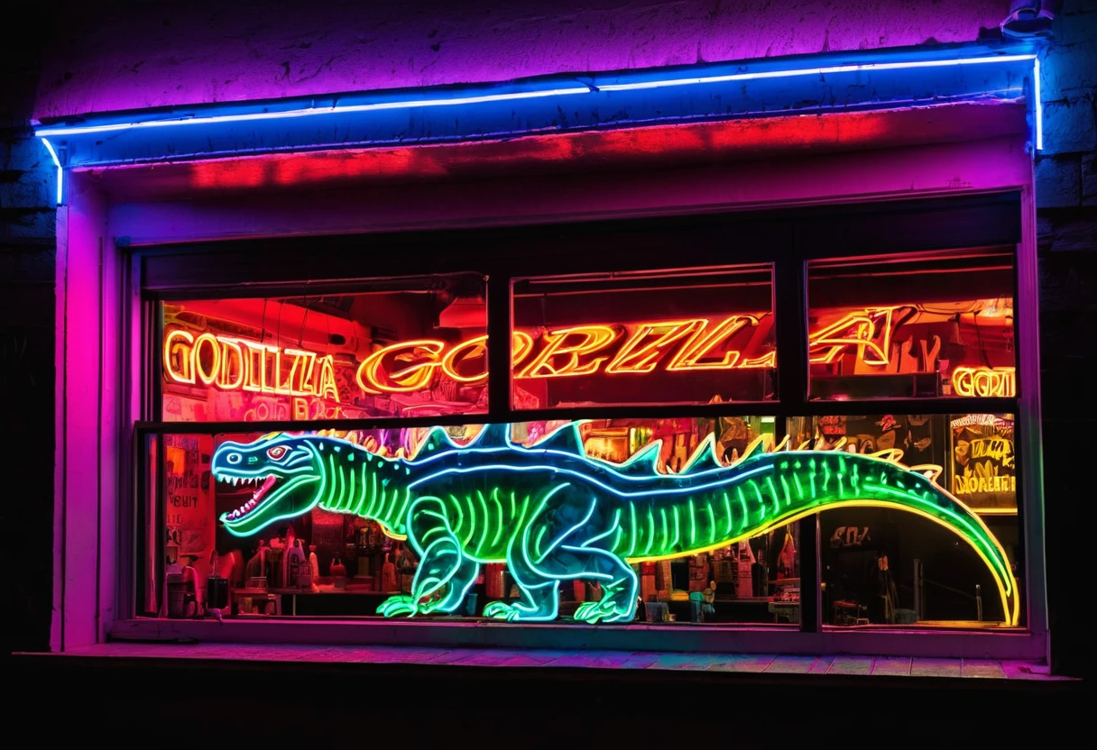 A neon sign in the window of a strip bar, the sign is a bright and colorful godzilla outline