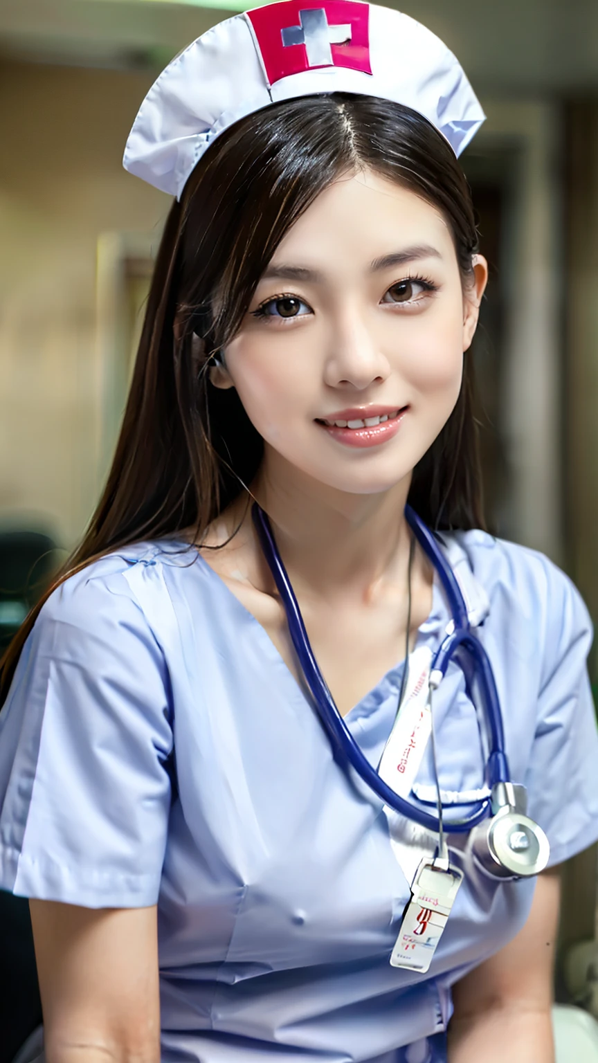 ulzzang-6500-v1.1,(masterpiece, highest quality:1.3), (Ultra-detailed 8K:1.2), (hyperrealistic:1.35),(Raw photo:1.2),highest quality, High resolution, wallpaper, realistic, (dramatic, Realistic painting art by Midjourney:1.3) BREAK (1 nurse, 20yo, white nurse uniform、Basic Nurse Cap,short white tight skirt:1.3), super beautiful, beautiful skin, beautiful and detailed eyes, detailed face, Perfect style,Photo seen diagonally from above,Take a photo from above,Look at me with a smile,looking at camera,look at the camera,Treatment room in a hospital room,Take photos from up close to her,big breasts,very detailed face、Put the stethoscope around your neck,double eyelid、White and clean teeth,brown eyes,chest strengthening,emphasize body line,smile at me lovingly、beautiful lips,glossy lips,white teeth, BREAK Detailed background of the hospital room,perfect lighting、Natural light,natural soft light