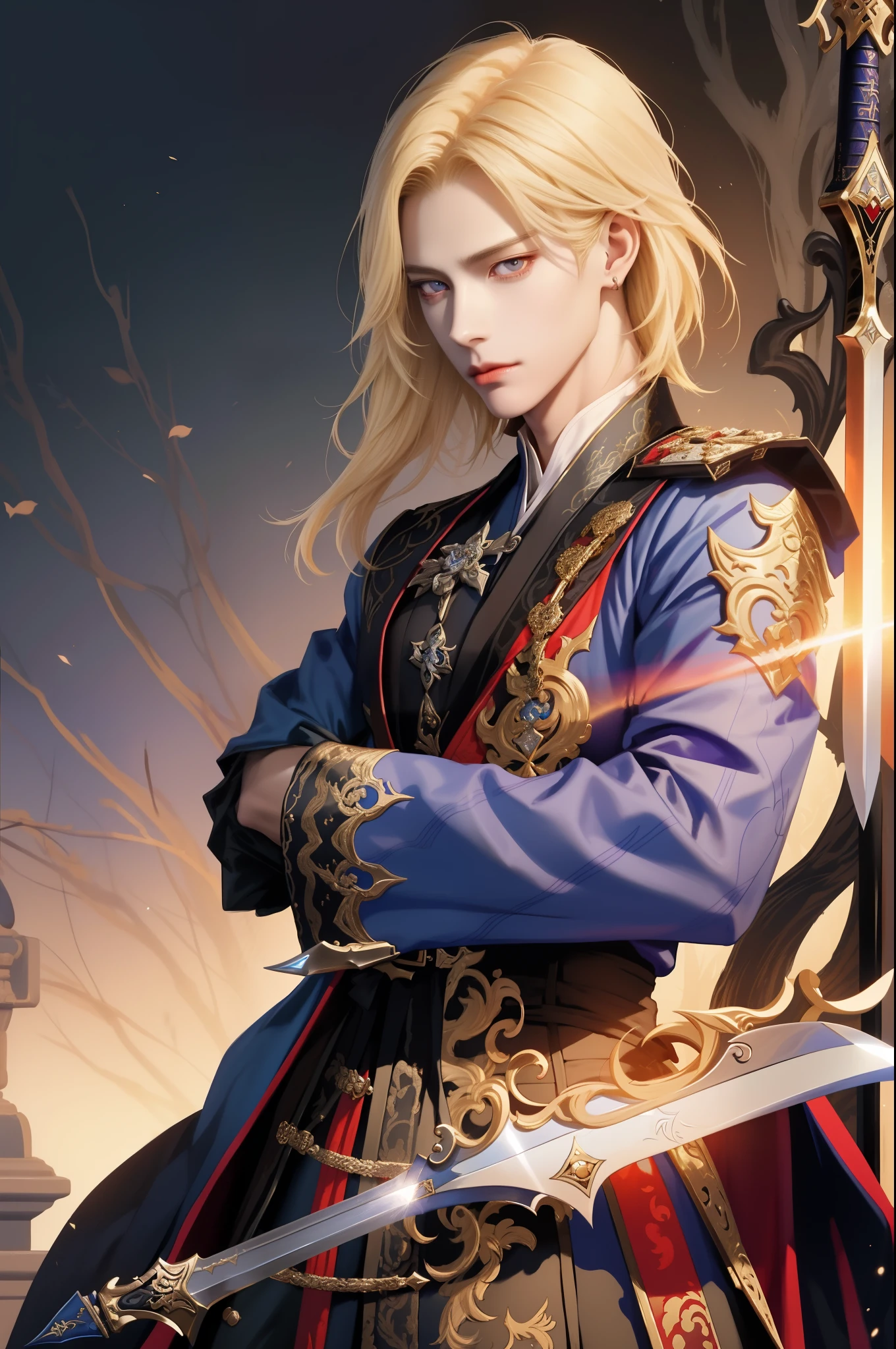 a close up of a person holding a sword and a sword, beautiful androgynous prince, by Yang J, handsome guy in demon slayer art, portrait of magical blond prince, delicate androgynous prince, zhongli from genshin impact, skinny male fantasy alchemist, keqing from genshin impact, johan liebert mixed with alucard, heise jinyao