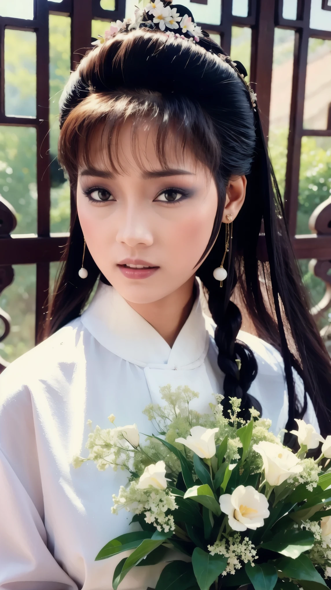 fashion model 18 years old [[[[Close-up cleavage]]]], [[[[]]]], [[[[Cole]]]], [[[[bshoulder]]]], perfect eyes, perfect iris，perfect lips，perfect teeth，Perfect skin，fair skin，high dynamic range，movie girl，white chinese clothing，A delicate face，The background is Chinese interior decoration，Outside the window is a mountain of green trees，flowers，4k ultra high definition, ultra high resolution, (lifelike: 1.4), best quality，masterpiece，（pastel colors：1.2）
