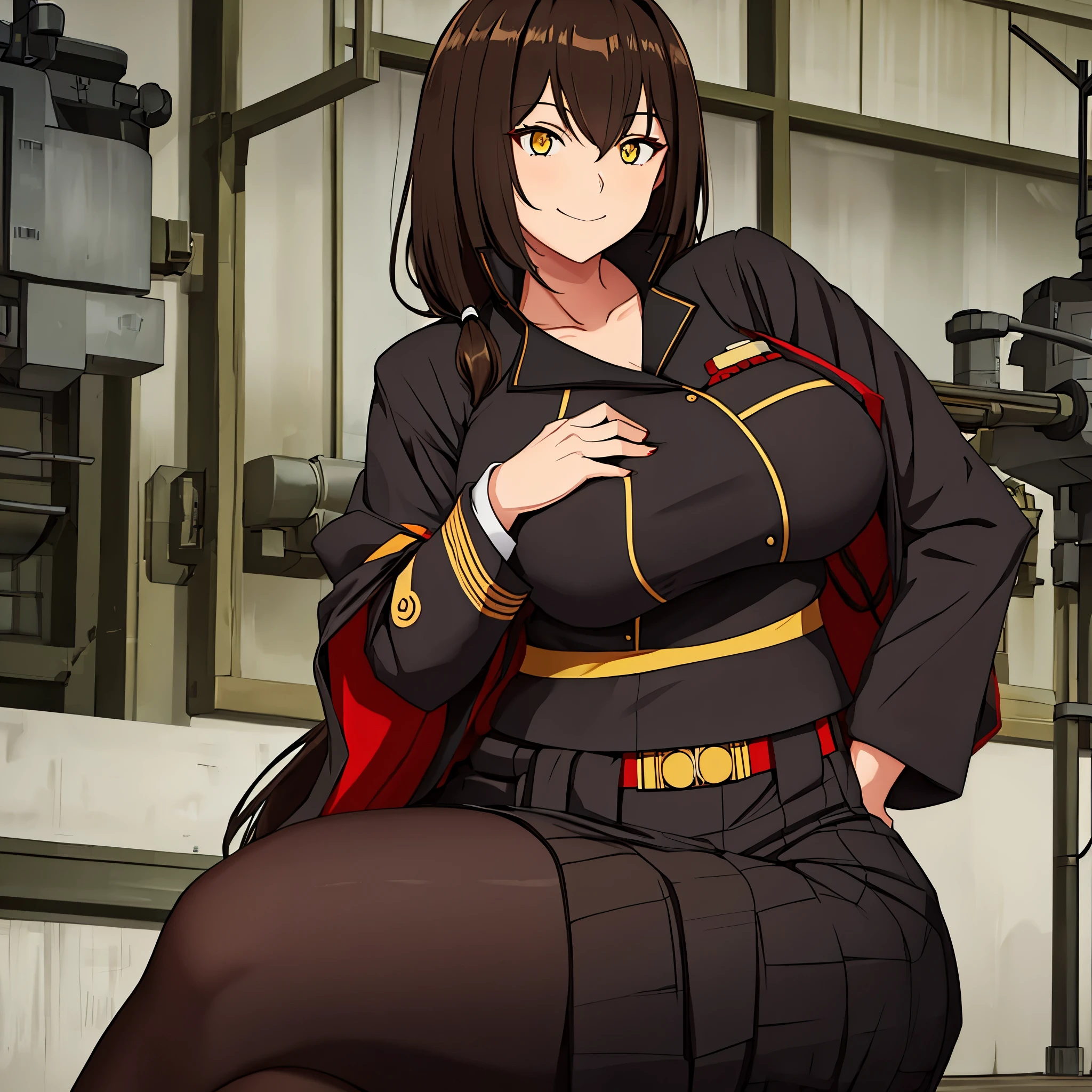 A woman in black military clothing with red details, outside a Japanese military base, brown hair, yellow eyes, smiling
