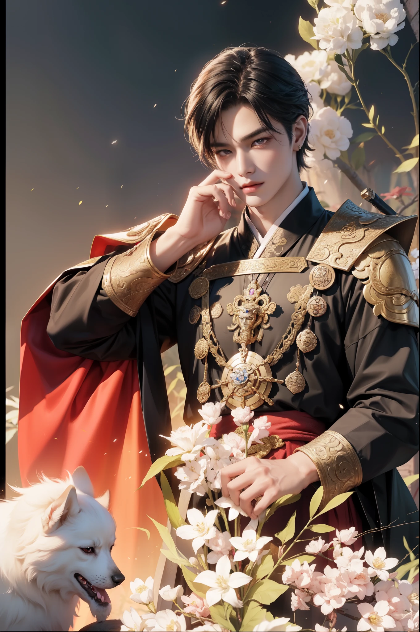 arafed image of a man in a suit with a sword and a dog, inspired by Guan Daosheng, beautiful androgynous prince, by Yang J, inspired by Huang Gongwang, heise jinyao, inspired by Zhao Yuan, inspired by Wu Bin, inspired by Bian Shoumin, inspired by Zhang Han, inspired by Zhang Wo