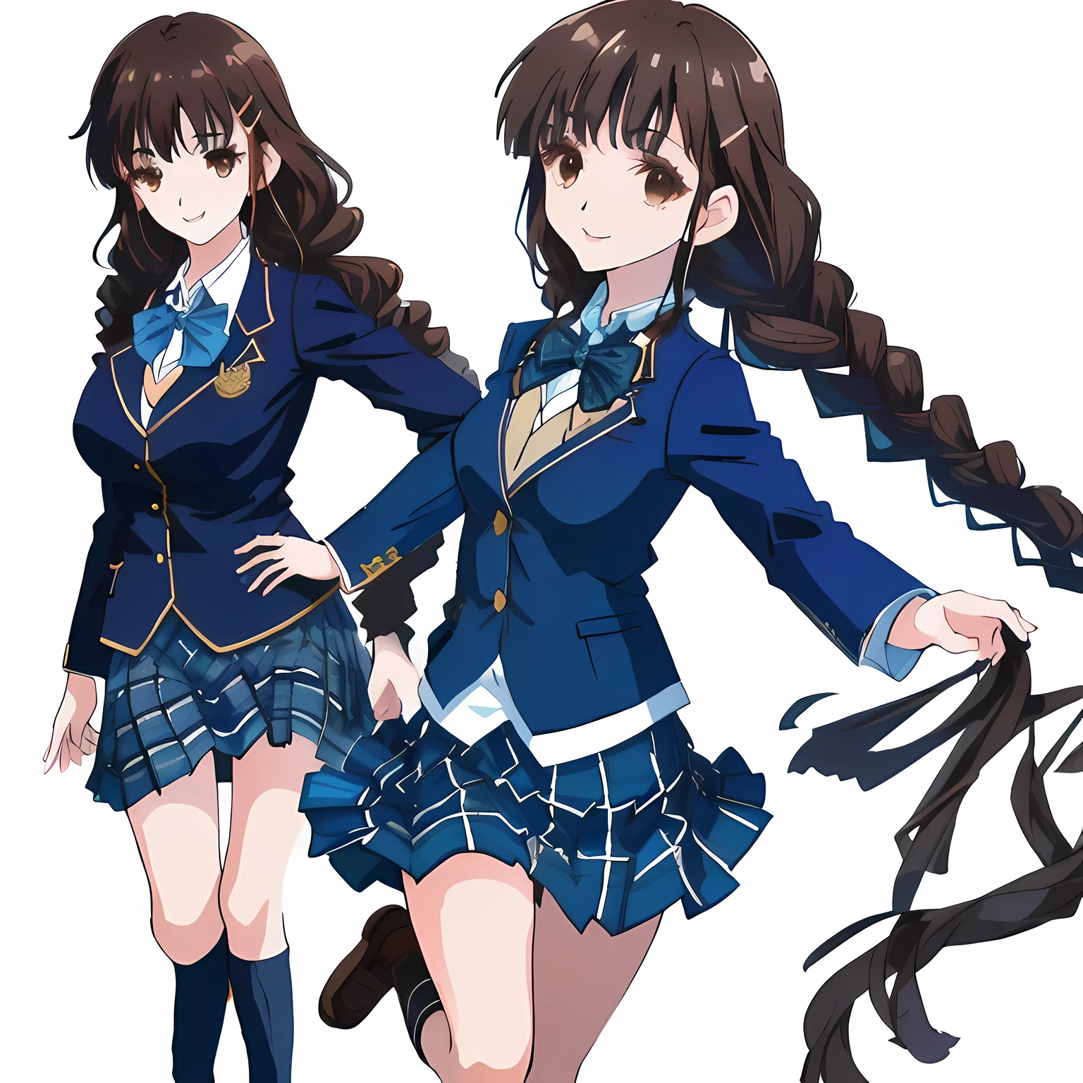 highest quality, (masterpiece:1.2), High resolution, perfect pixel, very detailed,((Semi-realistic and colorful anime art with sharply drawn and smooth textures)), ((Clothes and skirts are especially realistic)), ２A girl looks at the viewer and smiles happily., glossy lips, Neat and nice smile, ((Impressive large brown eyes with great detail)), (((dark brown hair))), All 15 years old, big shiny hair clip, , ((A dark blue blazer with a golden emblem on the left chest that feels like cloth.)), ((絹のような質感の realistic girly large deep blue Japanese school ribbon bow tie)), very shiny hair、laughter、bright look、Both face and hair catch the light and shine, Cute braids, (((a pair of dark brown tightly braids hair style))), ((((Feel the texture of the cloth realistic dark blue & deep navy colored tartan checkered middle long skirt)))), the skirt is very cute, brown leather shoes, white socks, 