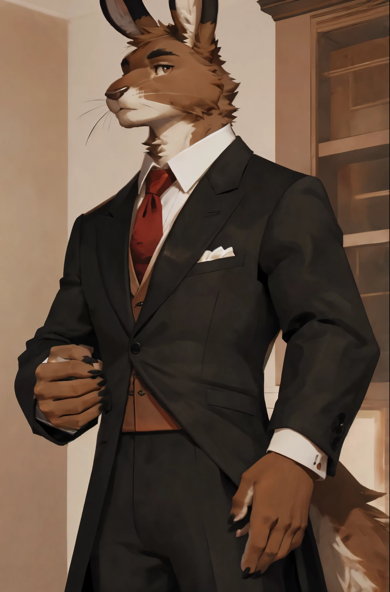 Brown hare, male, tall man, fur, furry, anthro, formal clothes, big ears, detailed hands, five fingers, suit, perfect anatomy