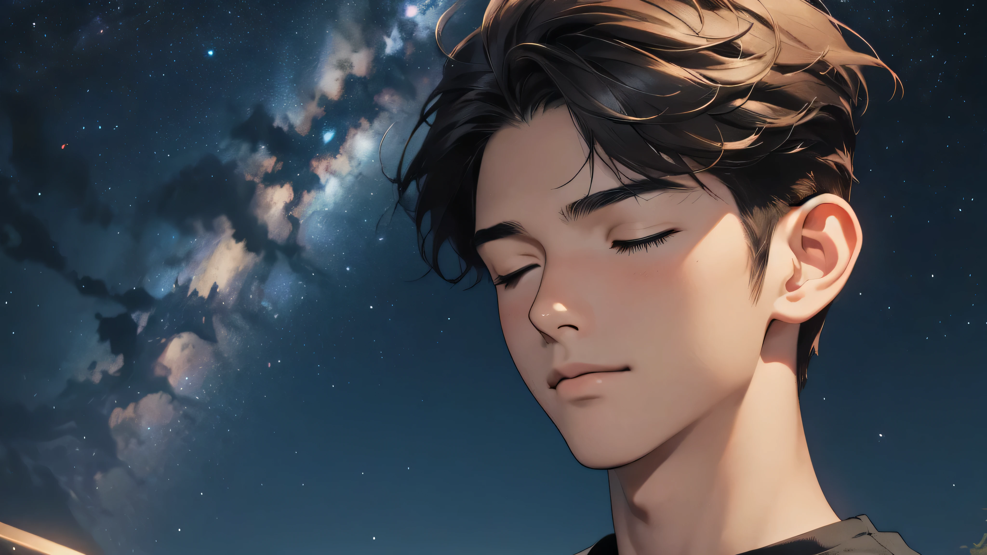 20-year-old boy,looking for,closed eyes,short brown hair,small smile,Night sky background,absurd,masterpiece,mackerel,intricately detailed,black t-shirt,detailed face,global illumination, japanese cartoon movies