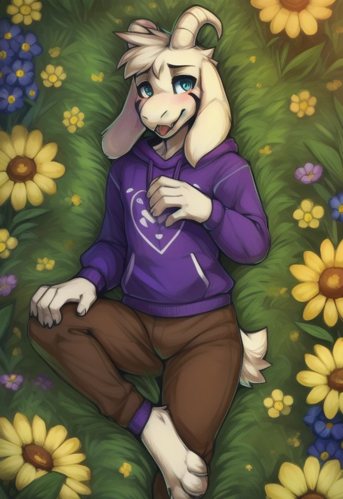 by zackary911, zackary911, asriel, brown pants, field of flowers, holding a yellow flower, sweatshirt striped with green and yellow, blushing, facial markings, goat, horns, lying down with yellow flowers around, blue eyes, cute eyes, (((detailed tail))):1.5, detailed clothes, (((perfect tail))):1.5, (((perfect anatomy))):1.5, (((detailed anatomy))):1.5, (((detailed body))):1.5, (((perfect eyes, detailed eyes))):1.5, (((detailed legs, perfect legs))):1.5, (((detailed hands))):1.5, (((detailed mouth, detailed face))):1.5, (((detailed fingers))):1.5, masterpiece, best quality,