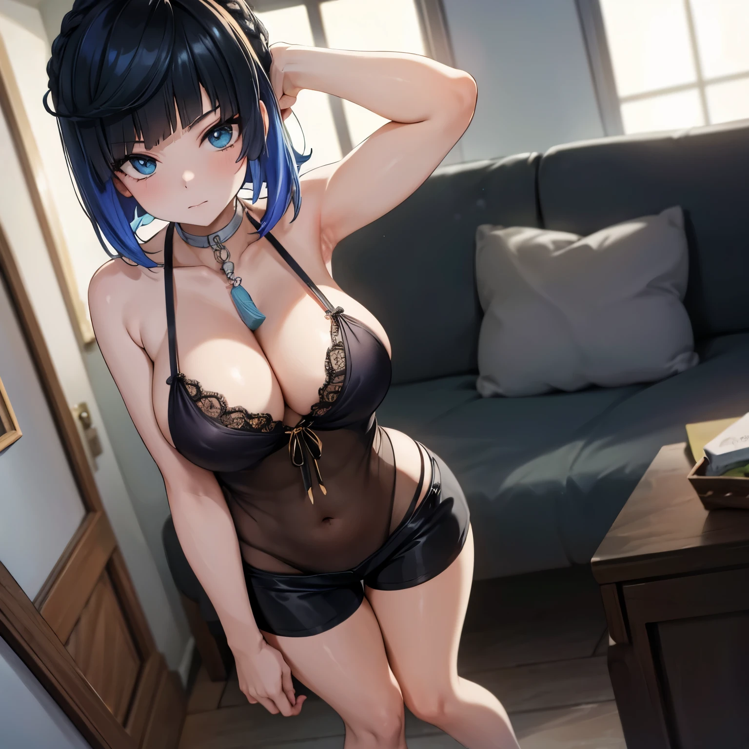 Yelan, blonde ponytail, black hair, busty, cleavage, nightgown, shorts, (POV, Close Shot), standing