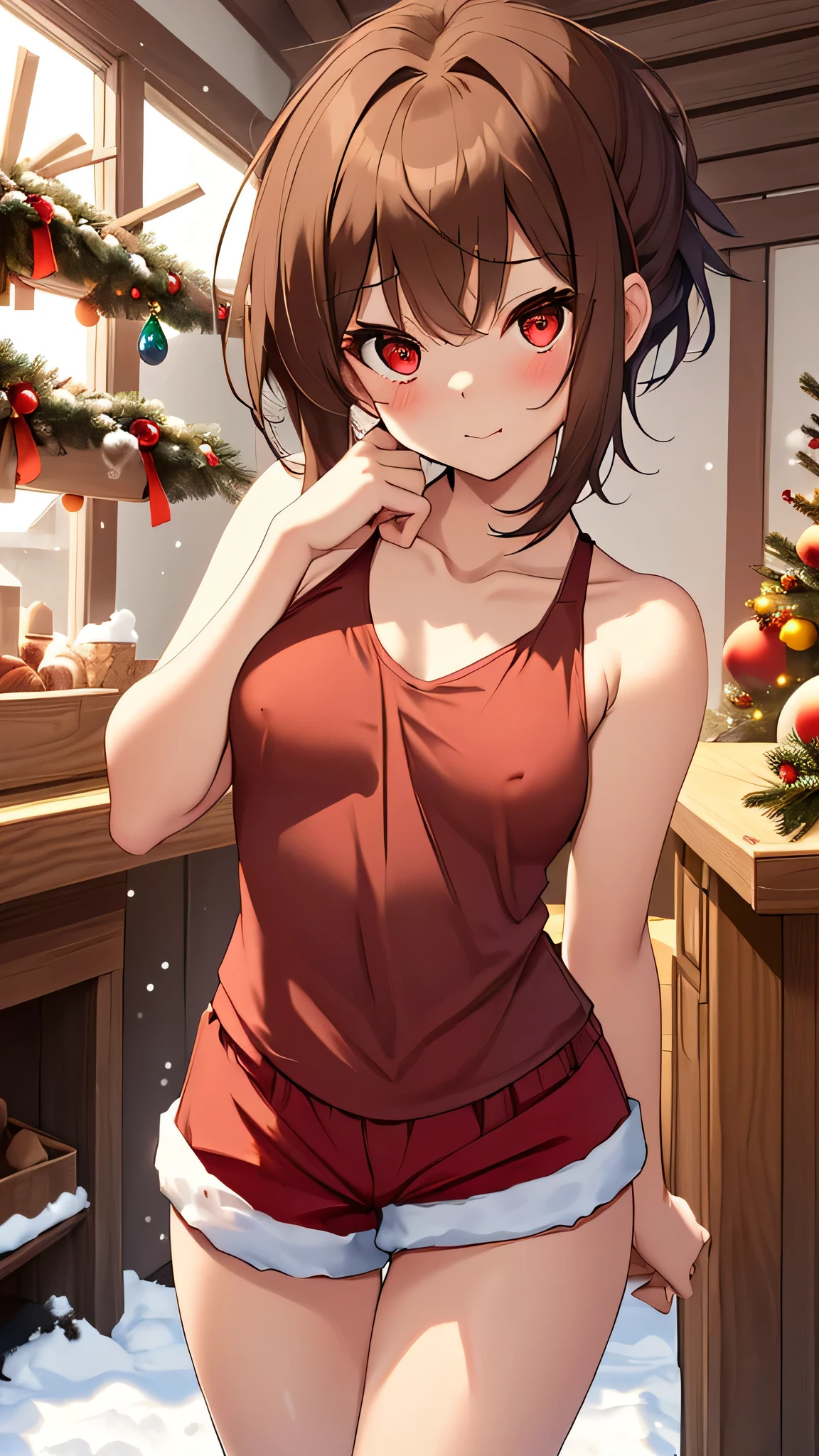 (((professional: step by step, taking into account even the smallest detail, final result God Level, all body with intricate details, solo 1girls, cowboy shot, imagen: all intricate details, master piece))): "black hair, scarlet red eyes, short hair, medium breast, megumin looks up with an expression of much joy, ((Santa Claus: "shorts, tank top")), 1girl 18 years old , red eyes brown hair short hair with long strand, She is very daring and sensual and innocent, she is always in daring sexual positions, Random view, snow and pine outside with Christmas decorations in the background, 100% nude, boy fucking a girl, very sexy, very hard sex, uncensored, nsfw"