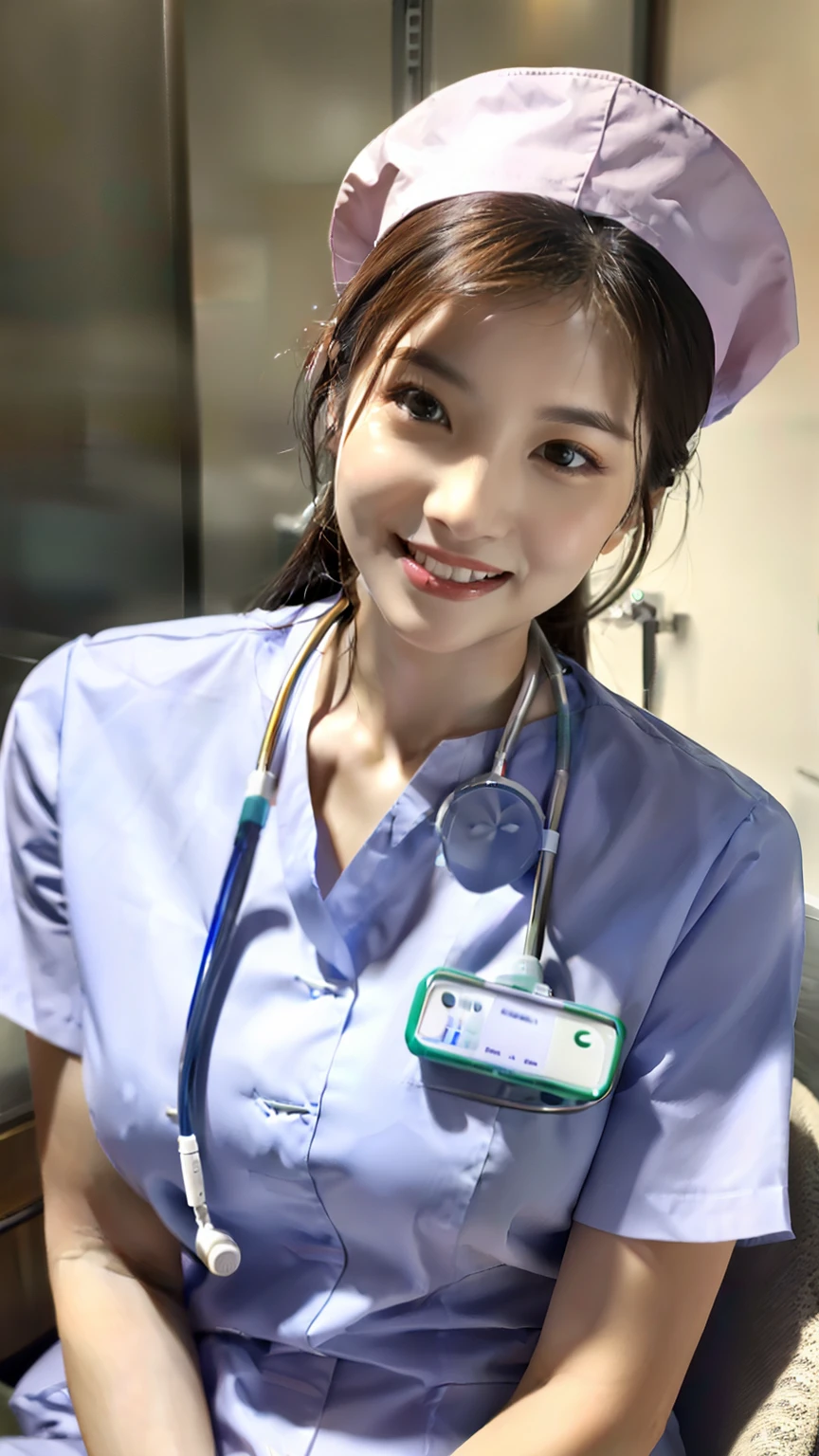 ulzzang-6500-v1.1,(masterpiece, highest quality:1.3), (Ultra-detailed 8K:1.2), (hyperrealistic:1.35),(Raw photo:1.2),highest quality, High resolution, wallpaper, realistic, (dramatic, Realistic painting art by Midjourney:1.3) BREAK (1 nurse, 20yo, white nurse uniform、Basic Nurse Cap,short white tight skirt:1.3), super beautiful, beautiful skin, beautiful and detailed eyes, detailed face, Perfect style,Photo seen diagonally from above,Take a photo from above,Look at me with a smile,looking at camera,look at the camera,Treatment room in a hospital room,Take photos from up close to her,big breasts,very detailed face、Put the stethoscope around your neck,double eyelid、White and clean teeth,brown eyes,chest strengthening,emphasize body line,smile at me lovingly、beautiful lips,glossy lips,white teeth, BREAK Detailed background of the hospital room,perfect lighting、Natural light,natural soft light