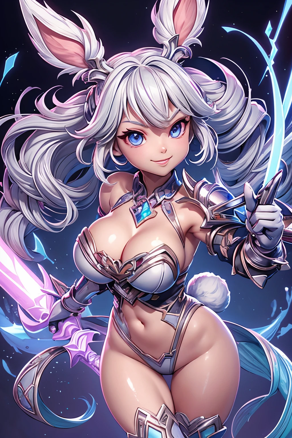 In this enchanting masterpiece of a 2D game isometric art, a legendary female hero emerges, radiating super detail with every pixel. With her silver bikini armor gleaming brilliantly, she confidently holds an ax in one hand, ready for action. Her short white hair, adorned with playful rabbit ears, frames her sweet, inviting smile. The lilac hue of her eyes adds an alluring touch to her tanned, flawlessly rendered skin. This stunning character, a testament to the digital quality at its best, is sure to captivate players in the world of Final Fantasy.