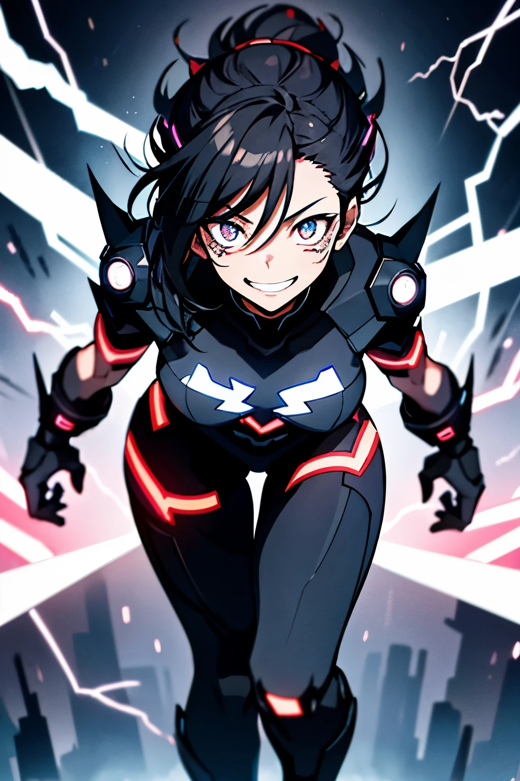 Anime girl with black lightning, a masterpiece by TonyWilson1 on DeviantArt --,
An enlarged upper body depiction shows a young anime girl, her glossy black hair standing on end, electricity crackling through it, resembling dark lightning bolts, a high-resolution painting of top-quality. Her eyes are narrowed, focused, with a determined look. Her ager figure is slender, no background, only the vivid neon background highlighting the contrast of her black lightning and her pale skin. She gives a signal with a cute smile, her mouth wide open, as a smiley expression that usually follows a victory or accomplishment. The detailed limb depiction shows her