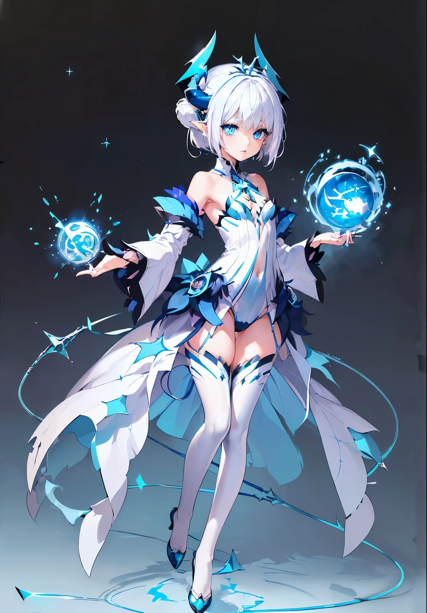 (Masterpiece, Slim Body, Delicate Fingers: 1.2), Best Quality, (Illustration: 1.2), (Hyper Detail), Eye Focus, Ultra Detail, (Fine Detail), (Intricate Detail), HDR, (Ultra Detail: 1.15), (Soft Light: 1.2), 1girl, (noblesse outfits:1.5), (fantasy outfit:1.5), (fantasy theme:1.5), (White hair and blue highlights:1.5), (light blue eyes:1.3), medium, short hair, solo, (small breasts:1.3), masterpiece, (blushing:1.1), best quality, highly detailed, (fullbody image:1.5), kwaii, (blue inner hair:1.2), (two-tone hair:1.5), (Blue demon horn:1.5), (star shape pupil:1.5)