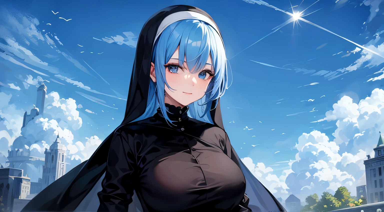 nun, smile, cute, topaz blue hair: 1.2