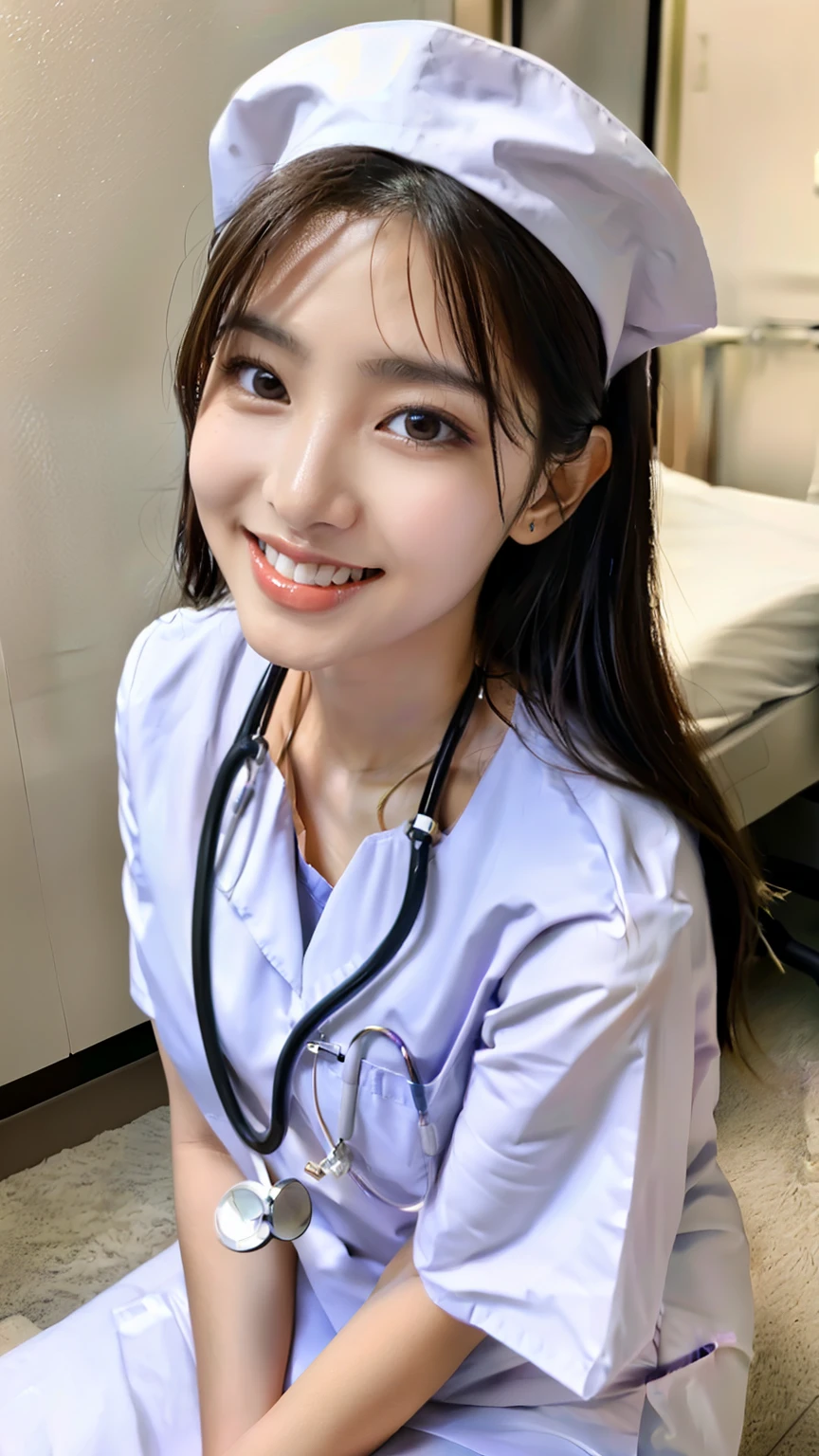 ulzzang-6500-v1.1,(masterpiece, highest quality:1.3), (Ultra-detailed 8K:1.2), (hyperrealistic:1.35),(Raw photo:1.2),highest quality, High resolution, wallpaper, realistic, (dramatic, Realistic painting art by Midjourney:1.3) BREAK (1 nurse, 20yo, white nurse uniform、Basic Nurse Cap,short white tight skirt:1.3), super beautiful, beautiful skin, beautiful and detailed eyes, detailed face, Perfect style,Photo seen diagonally from above,Take a photo from above,Look at me with a smile,looking at camera,look at the camera,Treatment room in a hospital room,Take photos from up close to her,big breasts,very detailed face、Put the stethoscope around your neck,double eyelid、White and clean teeth,brown eyes,chest strengthening,emphasize body line,smile at me lovingly、beautiful lips,glossy lips,white teeth, BREAK Detailed background of the hospital room,perfect lighting、Natural light,natural soft light