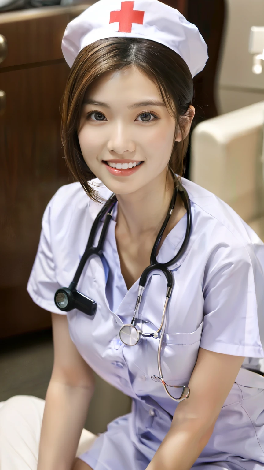 ulzzang-6500-v1.1,(masterpiece, highest quality:1.3), (Ultra-detailed 8K:1.2), (hyperrealistic:1.35),(Raw photo:1.2),highest quality, High resolution, wallpaper, realistic, (dramatic, Realistic painting art by Midjourney:1.3) BREAK (1 nurse, 20yo, white nurse uniform、Basic Nurse Cap,short white tight skirt:1.3), super beautiful, beautiful skin, beautiful and detailed eyes, detailed face, Perfect style,Photo seen diagonally from above,Take a photo from above,Look at me with a smile,looking at camera,look at the camera,Treatment room in a hospital room,Take photos from up close to her,big breasts,very detailed face、Put the stethoscope around your neck,double eyelid、White and clean teeth,brown eyes,chest strengthening,emphasize body line,smile at me lovingly、beautiful lips,glossy lips,white teeth, BREAK Detailed background of the hospital room,perfect lighting、Natural light,natural soft light