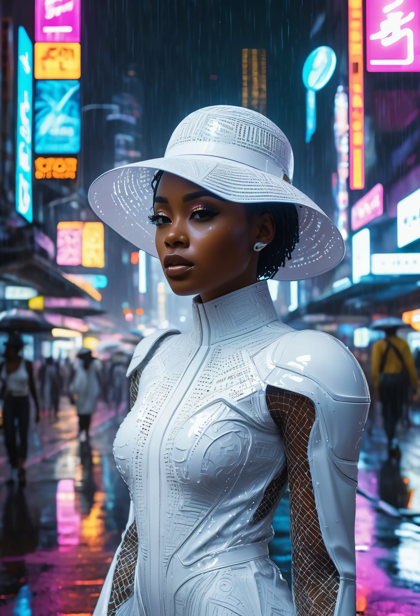 Black woman dressed in an African designed all white dress with a white hat over her head, standing in the middle of the cyber punk city, night time with neon city lights shining a medium light in the scene, rain drizzling, wet road surface with reflections of the black woman and city infrastructure, a beautiful sci-fi Afro futuristic cinematic scene that captures the essence of imagination and wonder, highly detailed and ultra HD images shot on 70mm IMAX cameras.