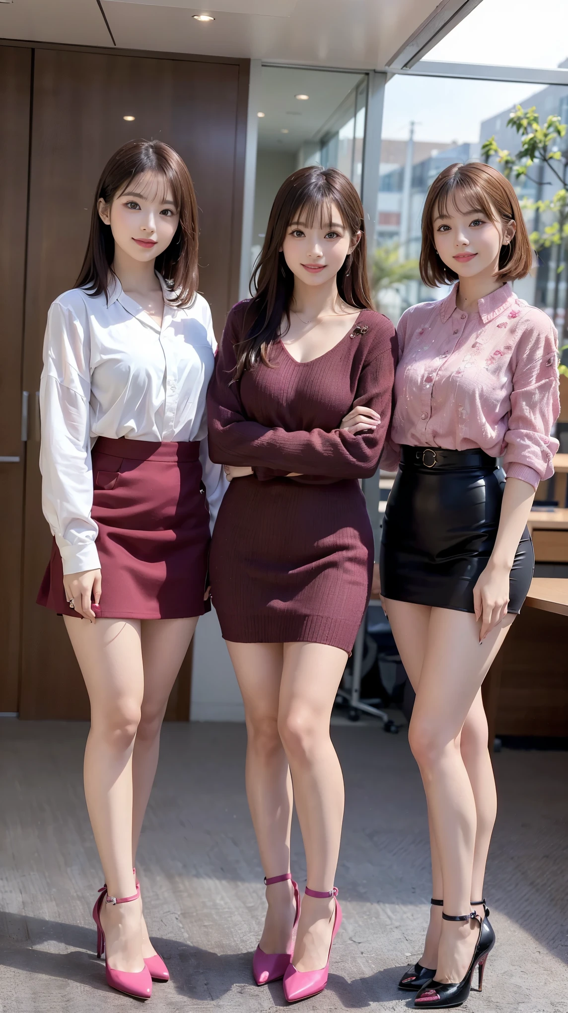 (highest quality, masterpiece, realistic, Super detailed, ultra high resolution, to be born:1.3), (3 girls:1.5), beautiful, Japanese, mature, 28yo, office workers, (tight knit, short skirt), ({ wine-red| red| pink| Magenta color| violet| ダークviolet|black|bright orange} Clothes), (smile), (bangs), high waist, necklace, (office, indoor, glass room), (long legs, high heels, full body:1.2), (Medium chest:1.3), (crowd),Fancy makeup with red eyeshadow:1.5,