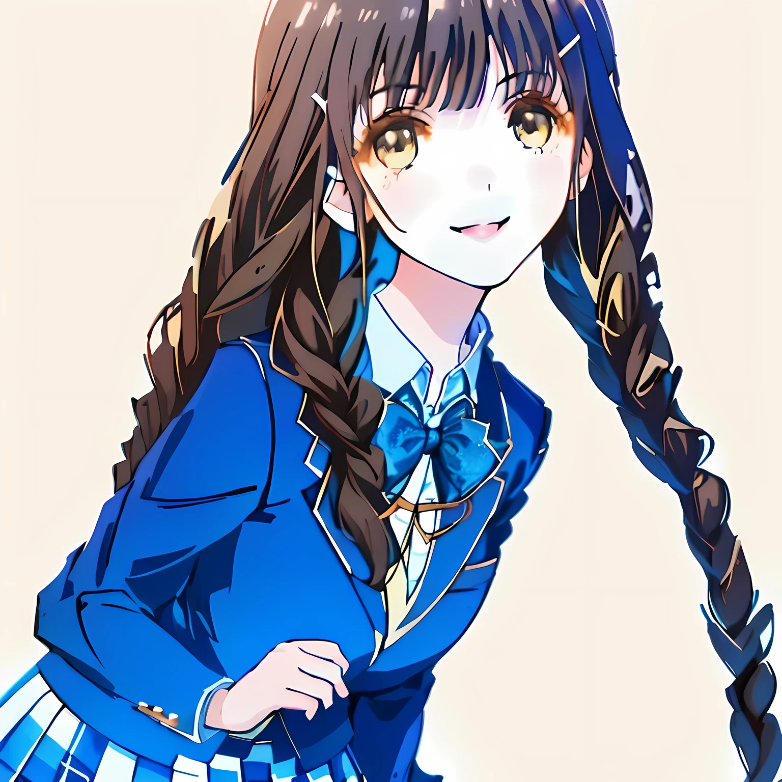 highest quality, (masterpiece:1.2), High resolution, perfect pixel, very detailed,((Semi-realistic and colorful anime art with sharply drawn and smooth textures)), ((Clothes and skirts are especially realistic)), (((2A very beautiful girl looks at the viewer and smiles happily.))), glossy lips, Neat and nice smile, ((Impressive large brown eyes with great detail)), (((dark brown hair))), All old, big shiny hair clip, , ((A dark blue blazer with a golden emblem on the left chest that feels like cloth.)), ((絹のような質感の realistic girly large deep blue Japanese school ribbon bow tie)), very shiny hair、laughter、bright look、Both face and hair catch the light and shine, Cute braids, (((a pair of dark brown tightly braids hair style))), ((((Feel the texture of the cloth realistic dark blue & deep navy colored tartan checkered middle long skirt)))), the skirt is very cute, brown leather shoes, white socks,