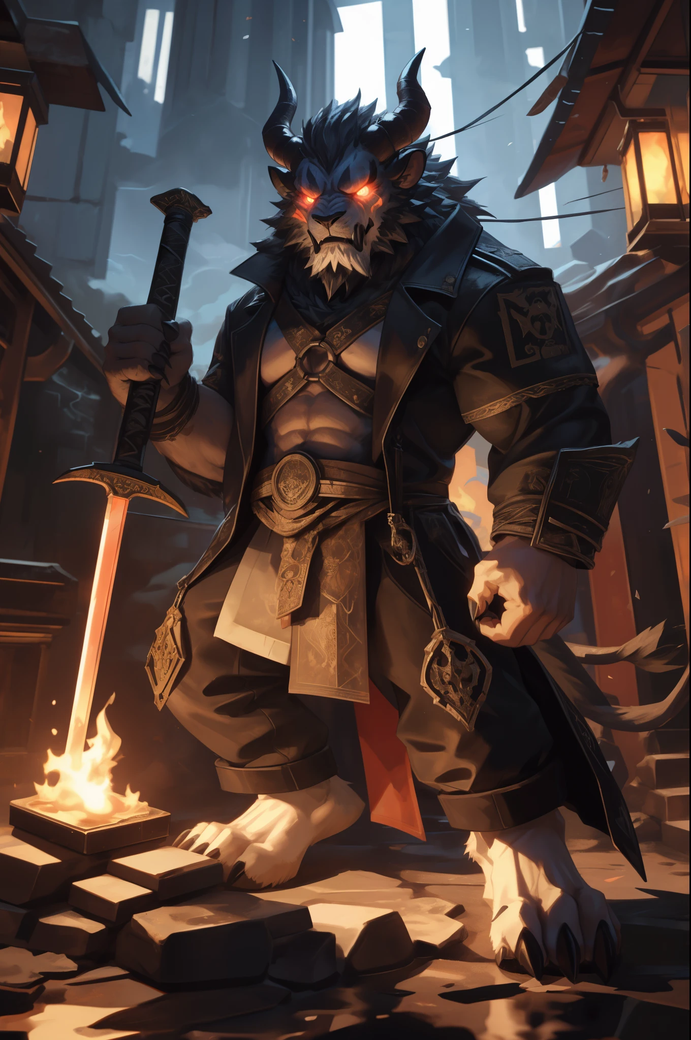 (((Barefoot furry character, full body, cinematic setting, male))) The Beast is back, the Beast In Black The Beast is back, the Beast In Black Tormented and wounded, branded and persecuted Torn inside out yet here I stand Fierce anger, blind madness, invoke the Beast of Darkness No mercy 'cause they all must die Like a hellraiser, monster of rage Unleash the fury through your sword of hate Destroy and murder, retaliate Harness the power of the Beast In Black BREAK, detailed background, 8K, (masterpiece:1.5), intricate details, highly detailed, extreme detail, octane render, fine art, best quality, highres, (detailed face:1.5), ((full_body)), UHD, (((perfect hands)))