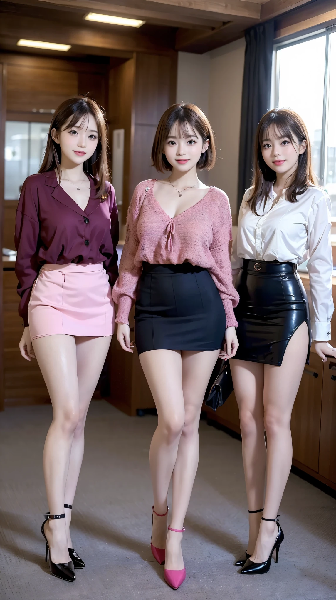 (highest quality, masterpiece, realistic, Super detailed, ultra high resolution, to be born:1.3), (3 girls:1.5), beautiful, Japanese, mature, 28yo, office workers, (tight knit, short skirt), (｛ wine-red| red| pink| Magenta color| violet| ダークviolet|black|bright orange} Clothes), (smile), (bangs), high waist, necklace, (office, indoor, glass room), (long legs, high heels, full body:1.2), (Medium chest:1.3), (crowd)，Fancy makeup with red eyeshadow:1.5，