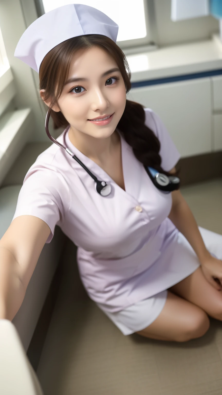 ulzzang-6500-v1.1,(masterpiece, highest quality:1.3), (Ultra-detailed 8K:1.2), (hyperrealistic:1.35),(Raw photo:1.2),highest quality, High resolution, wallpaper, realistic, (dramatic, Realistic painting art by Midjourney:1.3) BREAK (1 nurse, 20yo, white nurse uniform、Basic Nurse Cap,short white tight skirt:1.3), super beautiful, beautiful skin, beautiful and detailed eyes, detailed face, Perfect style,Photo seen diagonally from above,Take a photo from above,Look at me with a smile,looking at camera,look at the camera,Treatment room in a hospital room,Take photos from up close to her,big breasts,very detailed face、Put the stethoscope around your neck,double eyelid、White and clean teeth,brown eyes,chest strengthening,emphasize body line,smile at me lovingly、beautiful lips,glossy lips,white teeth, BREAK Detailed background of the hospital room,perfect lighting、Natural light,natural soft light