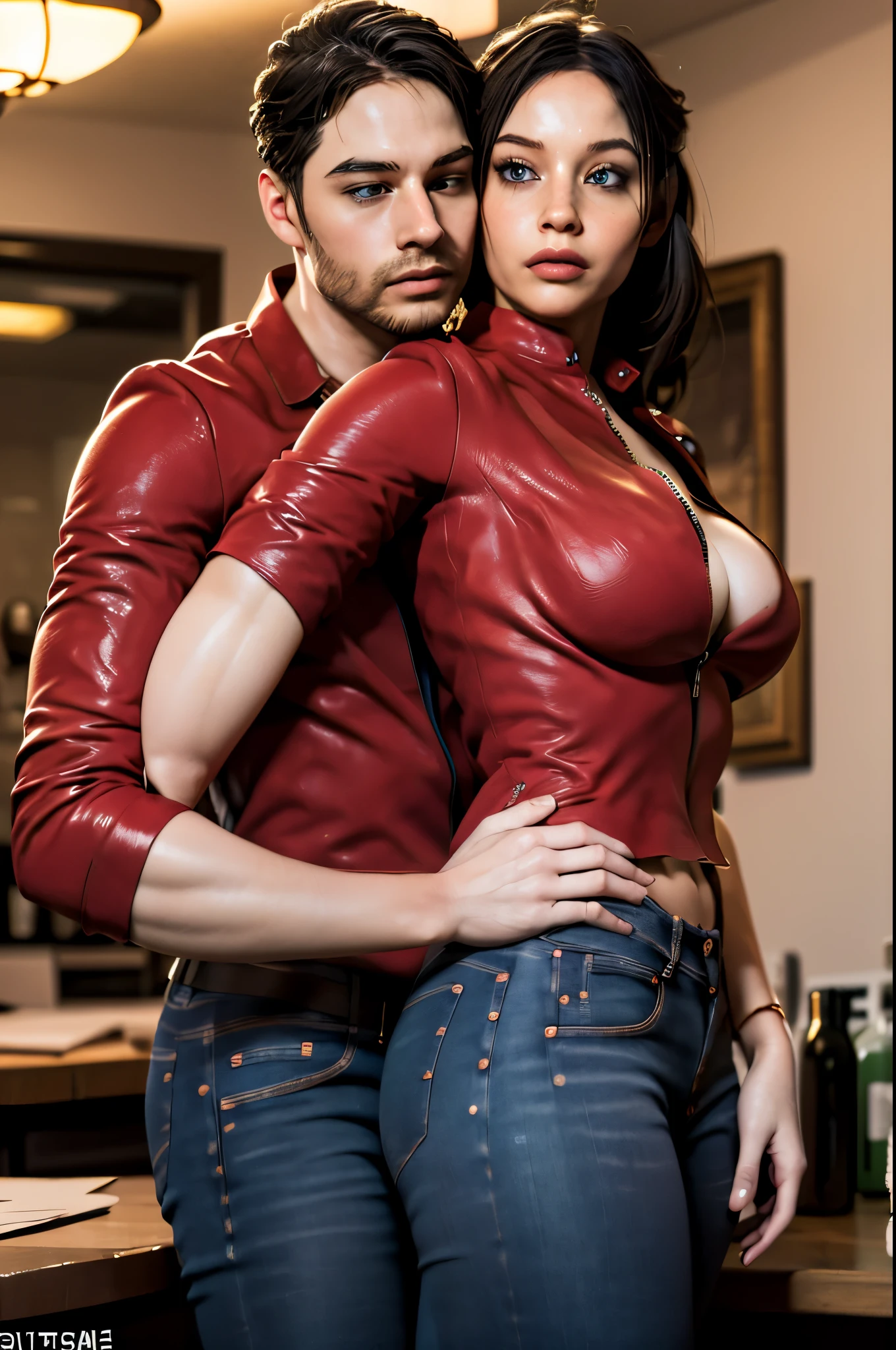 (masterpiece, best quality), 1girl and 1 man, claireredfield2, wear jeans, the man hug her in the back