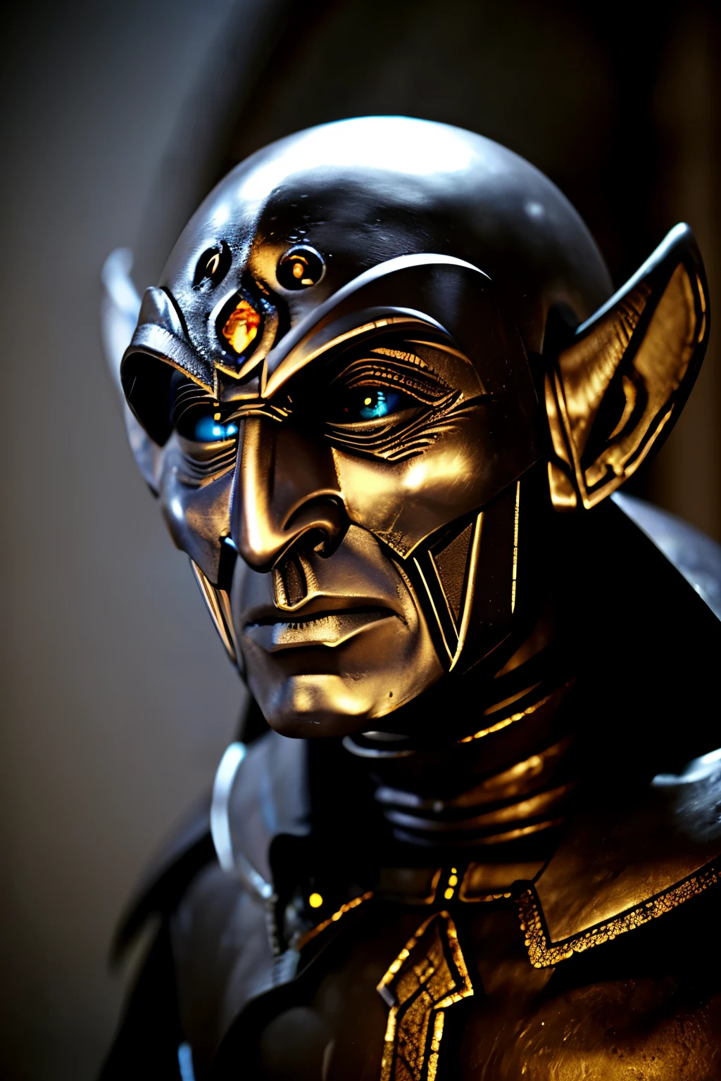 A CLOSE UP EVIL ANCIENT ELF ROBOT STAGE GREY