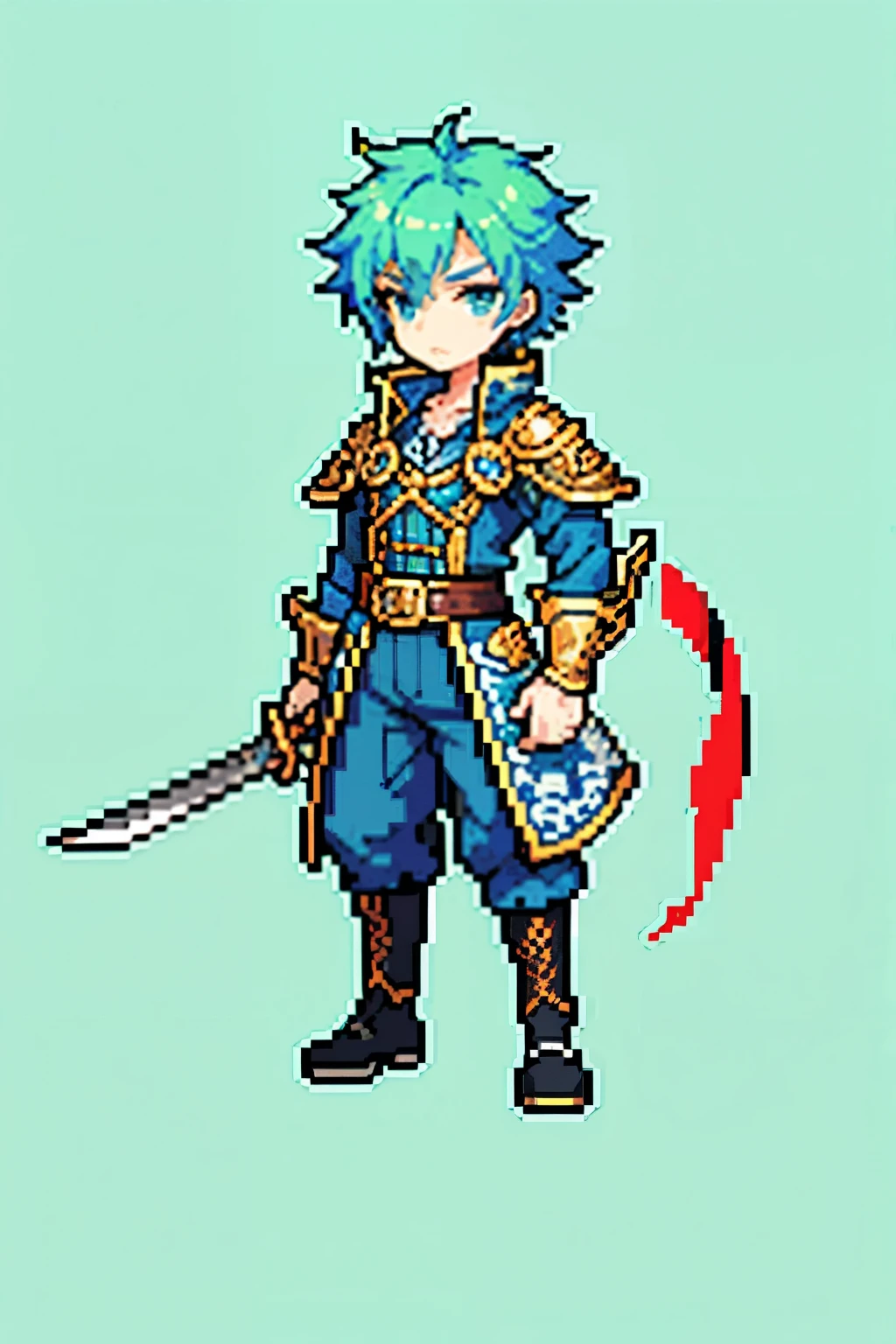 In the realm of Final Fantasy, a pixelated masterpiece comes to life, featuring a legendary RPG character with intricate details thatdefy the 2D isometric art. With a cartoonish charm and digital quality at its best, our hero stands equipped, holding a sword in one hand and a shield bearing an elegant coat of arms in the other. Dressed in a blue military uniform, the character's green hair flows freely in the wind, contrasting against the red fabric tied on their left shoulder, adding a fiery touch to their overall appearance. The super-detailed pixels capture every fiber of their uniform and every strand of their hair, creating an unforgettable and visually stunning display.