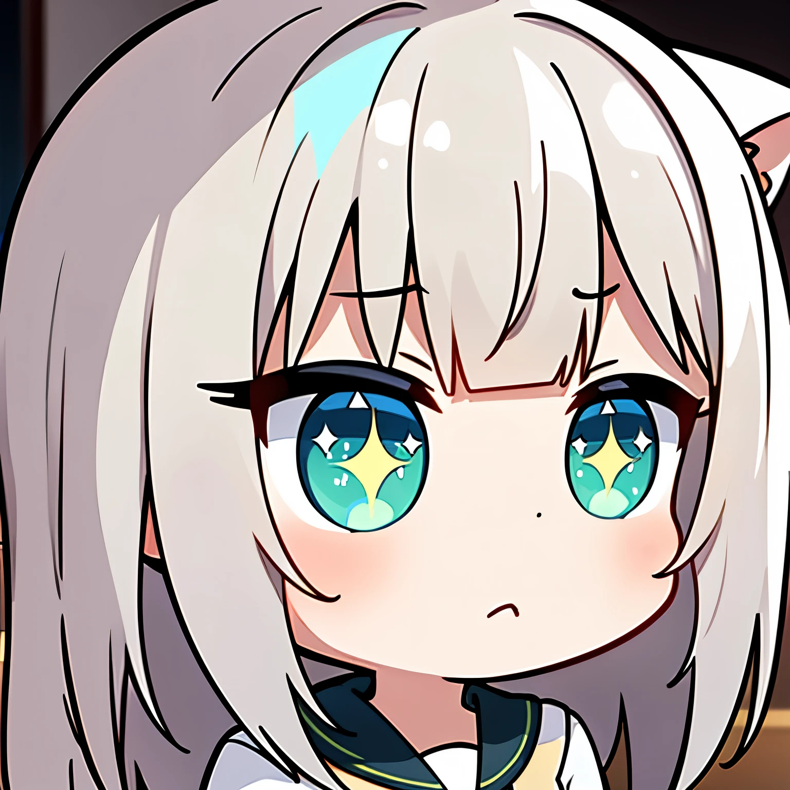 looking back, bust-up images, chibi, full body, (big head:1.5), super deformed character, best quality, super fine, 16k, incredibly absurdres, extremely detailed, intelligent beauty, blank look, blurry look, wistful look, ivory medium hair, wearing high school summer uniform, dull beige cardigan, green eyes, BREAK , background variety of visual styles that combine various artistic elements like a sparkling iridescent pastel and vivid colors