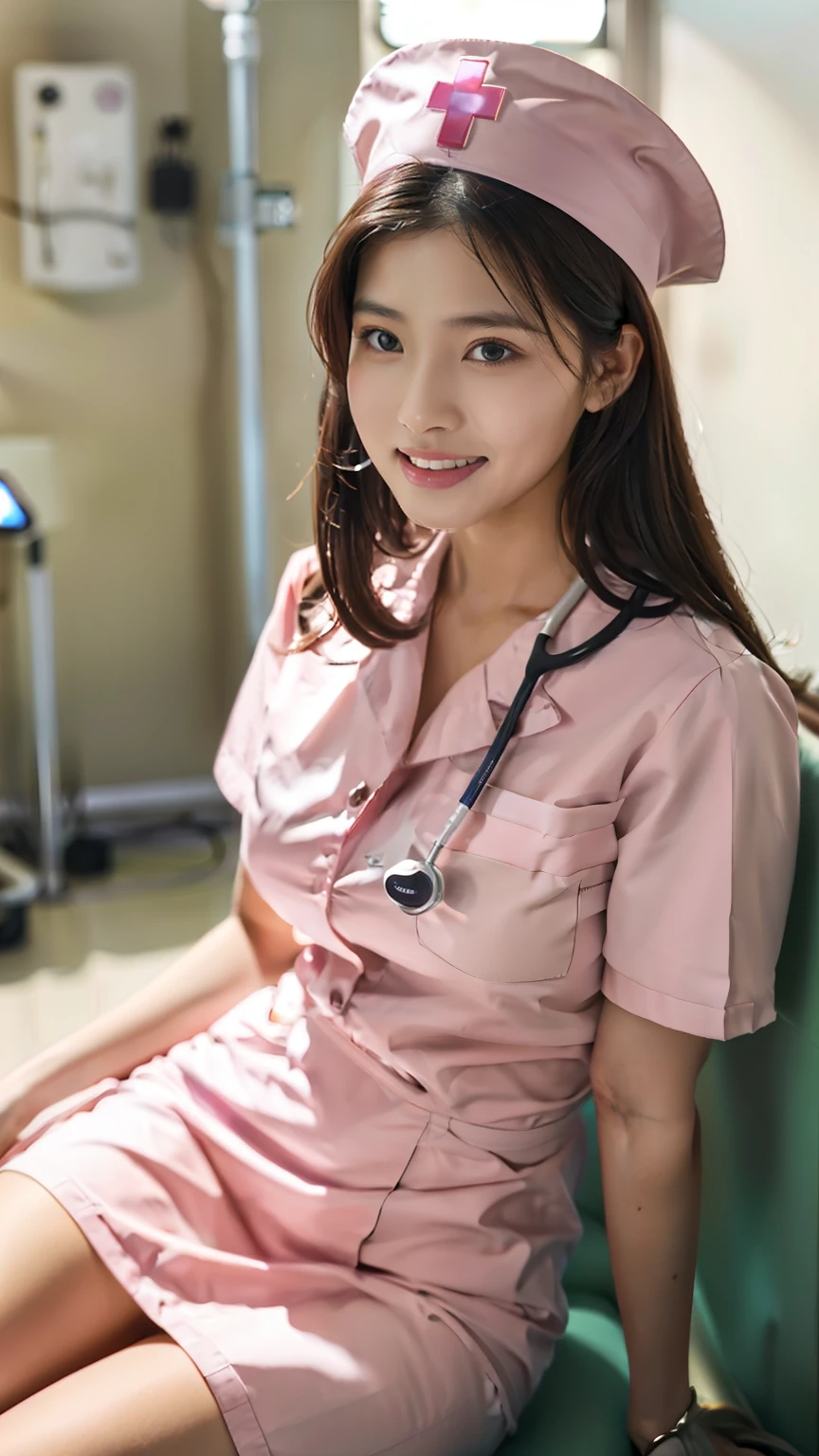 ulzzang-6500-v1.1,(masterpiece, highest quality:1.3), (Ultra-detailed 8K:1.2), (hyperrealistic:1.35),(Raw photo:1.2),highest quality, High resolution, wallpaper, realistic, (dramatic, Realistic painting art by Midjourney:1.3) BREAK (1 nurse, 18yo, pink nurse uniform、Basic Nurse Cap,short pink tight skirt:1.3), super beautiful, beautiful skin, beautiful and detailed eyes, detailed face, Perfect style,Photo seen diagonally from above,Take a photo from above,Look at me with a smile,looking at camera,look at the camera,Treatment room in a hospital room,Take photos from up close to her,big breasts,very detailed face、Put the stethoscope around your neck,double eyelid、White and clean teeth,brown eyes,chest strengthening,emphasize body line,smile at me lovingly、beautiful lips,glossy lips,white teeth, BREAK Detailed background of the hospital room,perfect lighting、Natural light,natural soft light