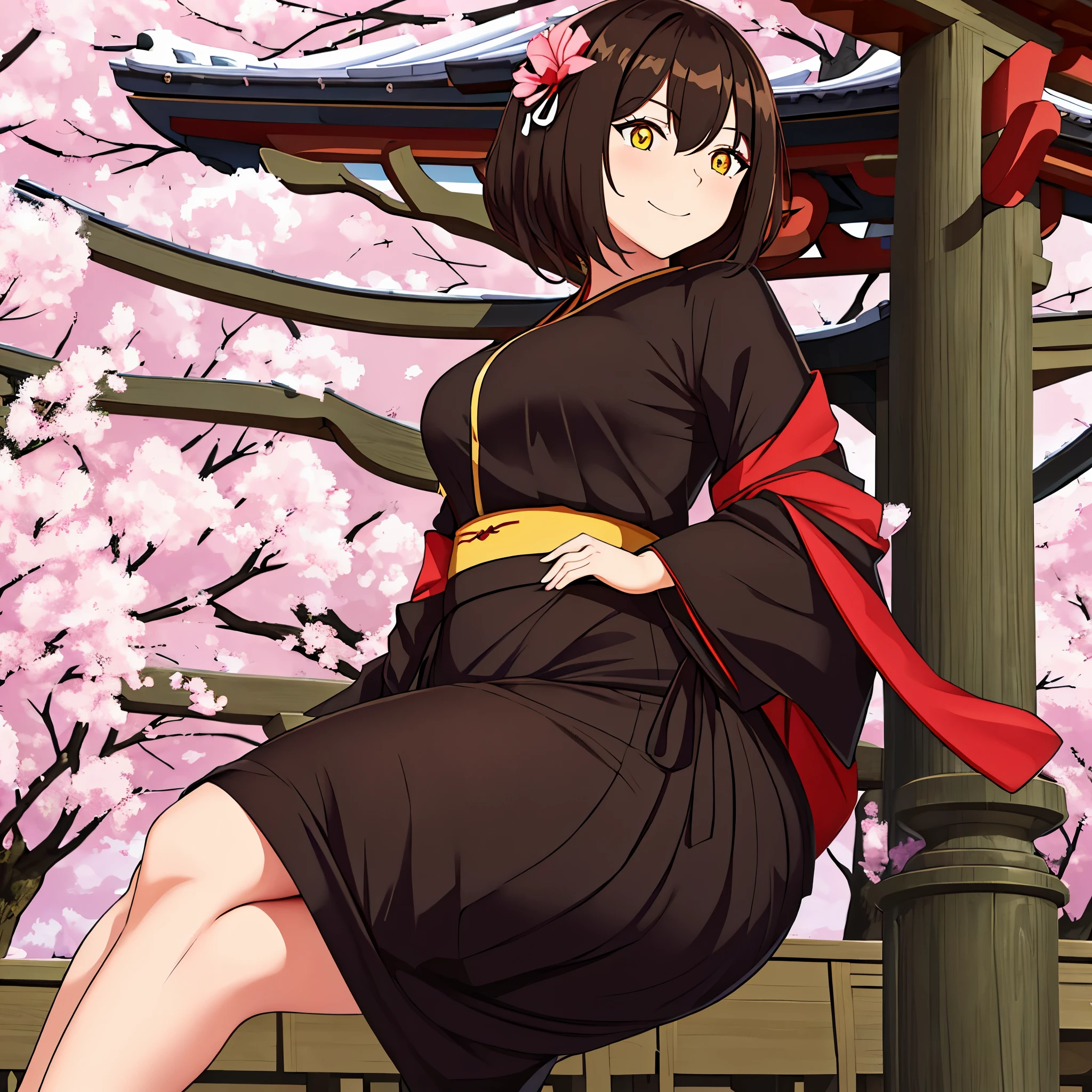 A woman in black military clothing with red details, outside a traditional Japanese palace, with sakura trees around her, short brown hair, yellow eyes, smiling, ultra resolution, masterpiece, very detailed, 4k hd
