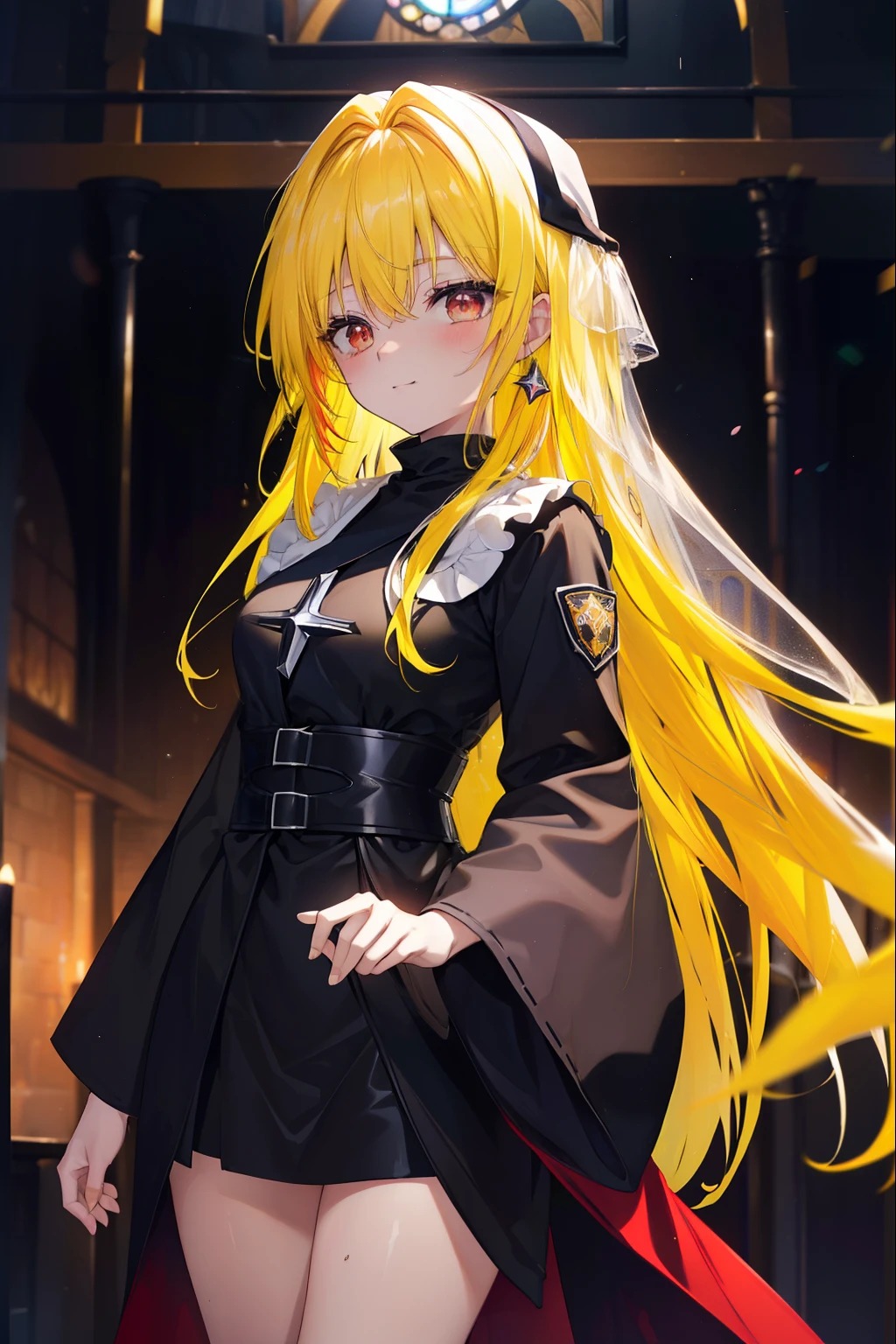 toloverumy, my, (yellow hair:1.5), long hair, (red eyes:1.5), (hair ornaments:1.2), smile,blush,break habit, long sleeve,black nun, robe, black robe, wide sleeve,祈りの手
break indoors,church ,
break looking at viewer, (cowboy shot:1.5),
break (masterpiece:1.2), highest quality, High resolution, unity 8k wallpaper, (figure:0.8), (detailed and beautiful eyes:1.6), highly detailed face, perfect lighting, Very detailed CG, (perfect hands, perfect anatomy),