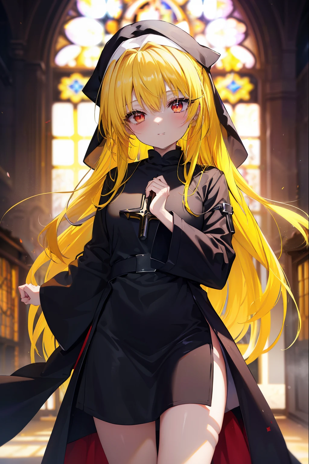 toloverumy, my, (yellow hair:1.5), long hair, (red eyes:1.5), (hair ornaments:1.2), smile,blush,break habit, long sleeve,black nun, robe, black robe, wide sleeve,祈りの手
break indoors,church ,
break looking at viewer, (cowboy shot:1.5),
break (masterpiece:1.2), highest quality, High resolution, unity 8k wallpaper, (figure:0.8), (detailed and beautiful eyes:1.6), highly detailed face, perfect lighting, Very detailed CG, (perfect hands, perfect anatomy),