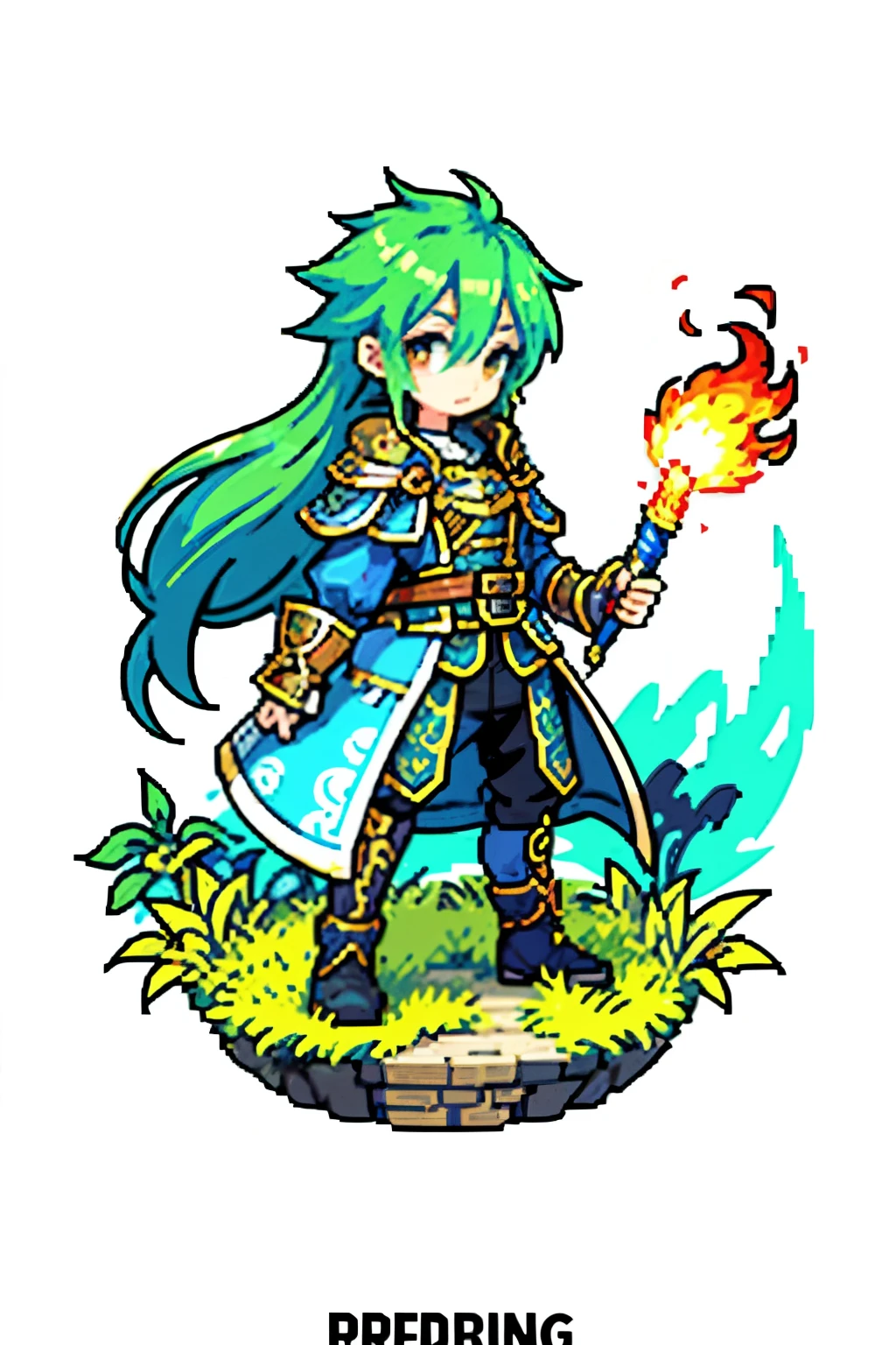 In the realm of Final Fantasy, a pixelated masterpiece comes to life, featuring a legendary RPG character with intricate details thatdefy the 2D isometric art. With a cartoonish charm and digital quality at its best, our hero stands equipped, holding a sword in one hand and a shield bearing an elegant coat of arms in the other. Dressed in a blue military uniform, the character's green hair flows freely in the wind, contrasting against the red fabric tied on their left shoulder, adding a fiery touch to their overall appearance. The super-detailed pixels capture every fiber of their uniform and every strand of their hair, creating an unforgettable and visually stunning display.