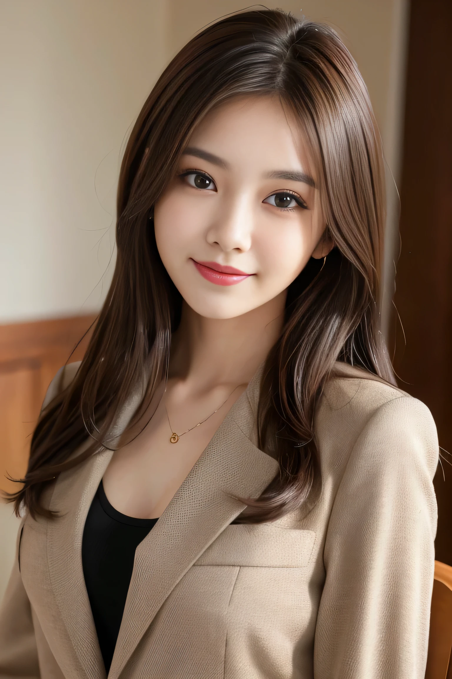 ulzzang-6500-v1.1,(8K, best quality, masterpiece: 1.2),on the table, best quality, actual, super detailed, finely, High resolution, 8k wallpaper, 1 beautiful woman,, light brown messy hair, (wearing a suit,:1.5) Smile, Perfect dynamic composition, Detailed and beautiful eyes, fine hair, Detailed and actual skin texture, Smile, closeup portrait, Model diagram、larger breasts