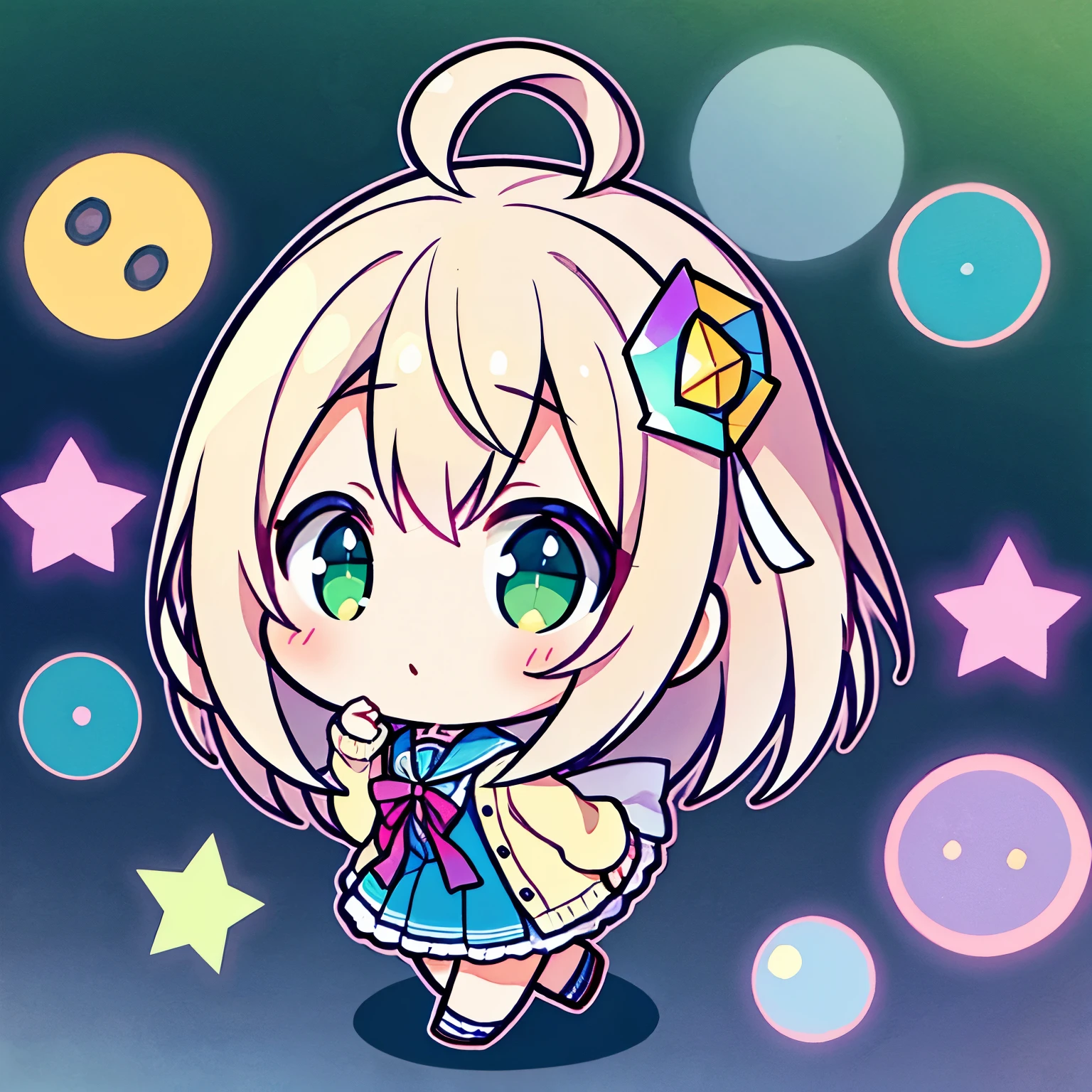 looking back, bust-up images, chibi, full body, (big head:1.5), super deformed character, best quality, super fine, 16k, incredibly absurdres, extremely detailed, intelligent beauty, blank look, blurry look, wistful look, ivory medium hair, wearing high school summer uniform, dull beige cardigan, green eyes, BREAK , background variety of visual styles that combine various artistic elements like a sparkling iridescent pastel and vivid colors