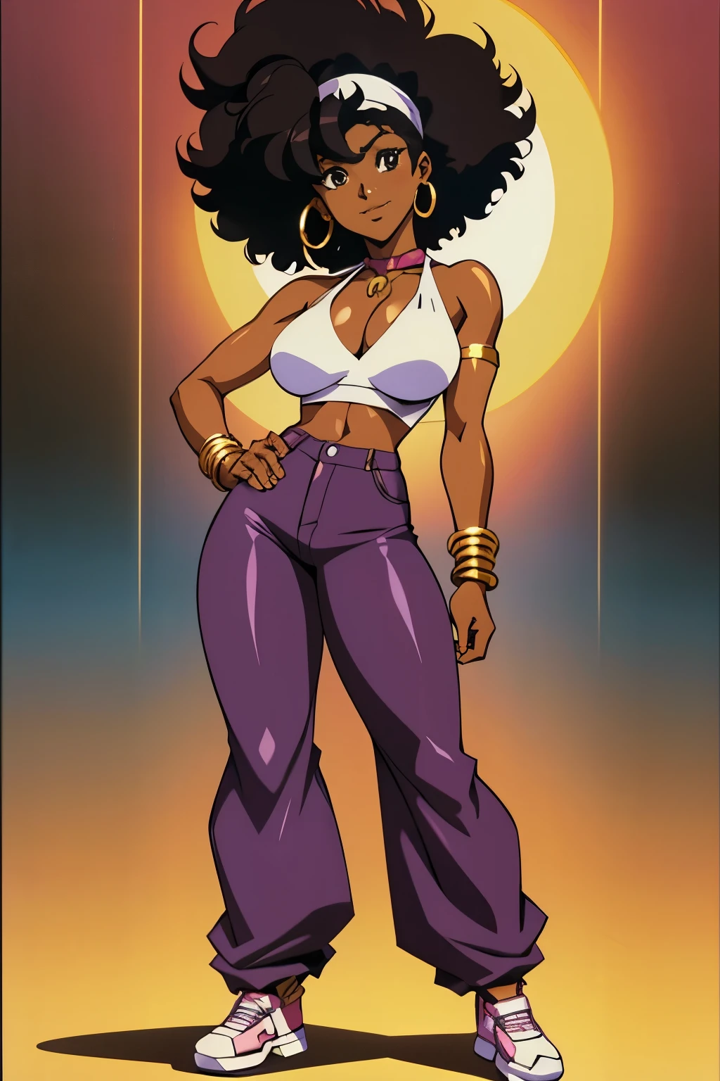 one woman, full body, black woman from an 90s anime, 90s anime fog, static like from an 90s anime, 1990s \(style\), short afro hair, black afro, curly black hair, serious smile, mouth closed, mysterious, brown skin, action anime, bandana headband, disco outfit, white loose flare pants, white pants, white halter top, cleavage, disco girl outfit, african woman, dark skin, gold bracelets, hoop earrings,